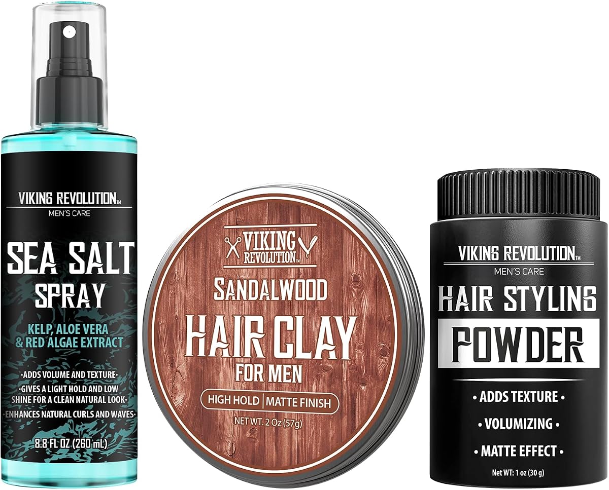 Kit de peinado Viking Revolution - Sal marina, arcilla y polvo - Juego de 3 piezas | Incluye spray de sal marina, arcilla para el cabello y polvo para peinar: trío definitivo para textura, volumen y fijación, aroma a sándalo