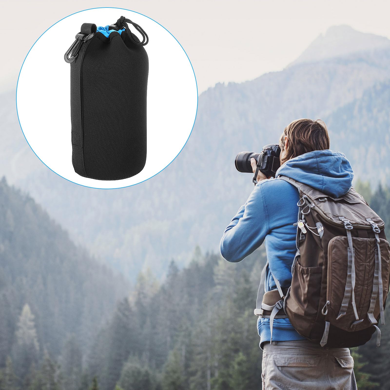 PATIKIL Kamera-Objektivtasche, 2 Stück 3,7" ID x 9,8" H Zugband-Objektivbeutel mit dickem schützendem Neopren, Objektivtasche für DSLR-Kameraobjektiv, Wasser Kaffeetassen, Schwarz, Blau