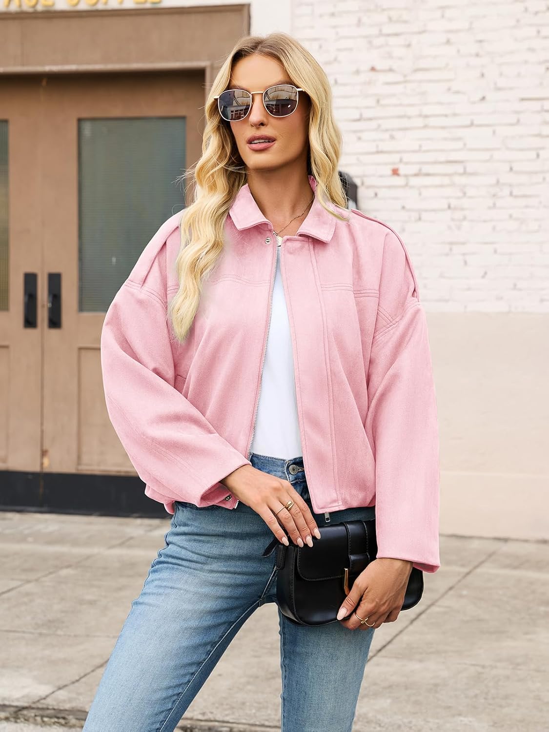 Womens Bomber Jacket Faux Suede Casual Cropped Pilot Coat Lapel Collar Causal Oversized Trendy Outwear - Image 5