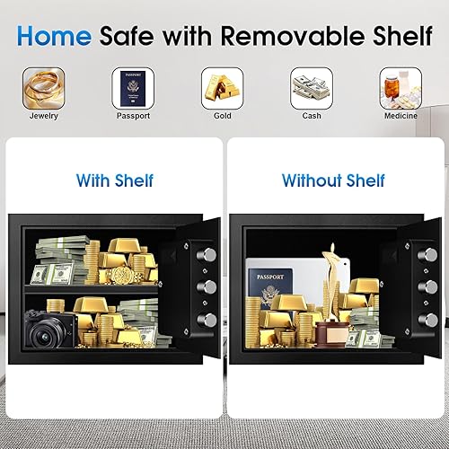 Miniatura 7 de Caja de seguridad pequeña ignífuga de 1.3 pies cúbicos para el hogar, respaldo externo tipo C, caja de seguridad de acero con cerradura de llave con