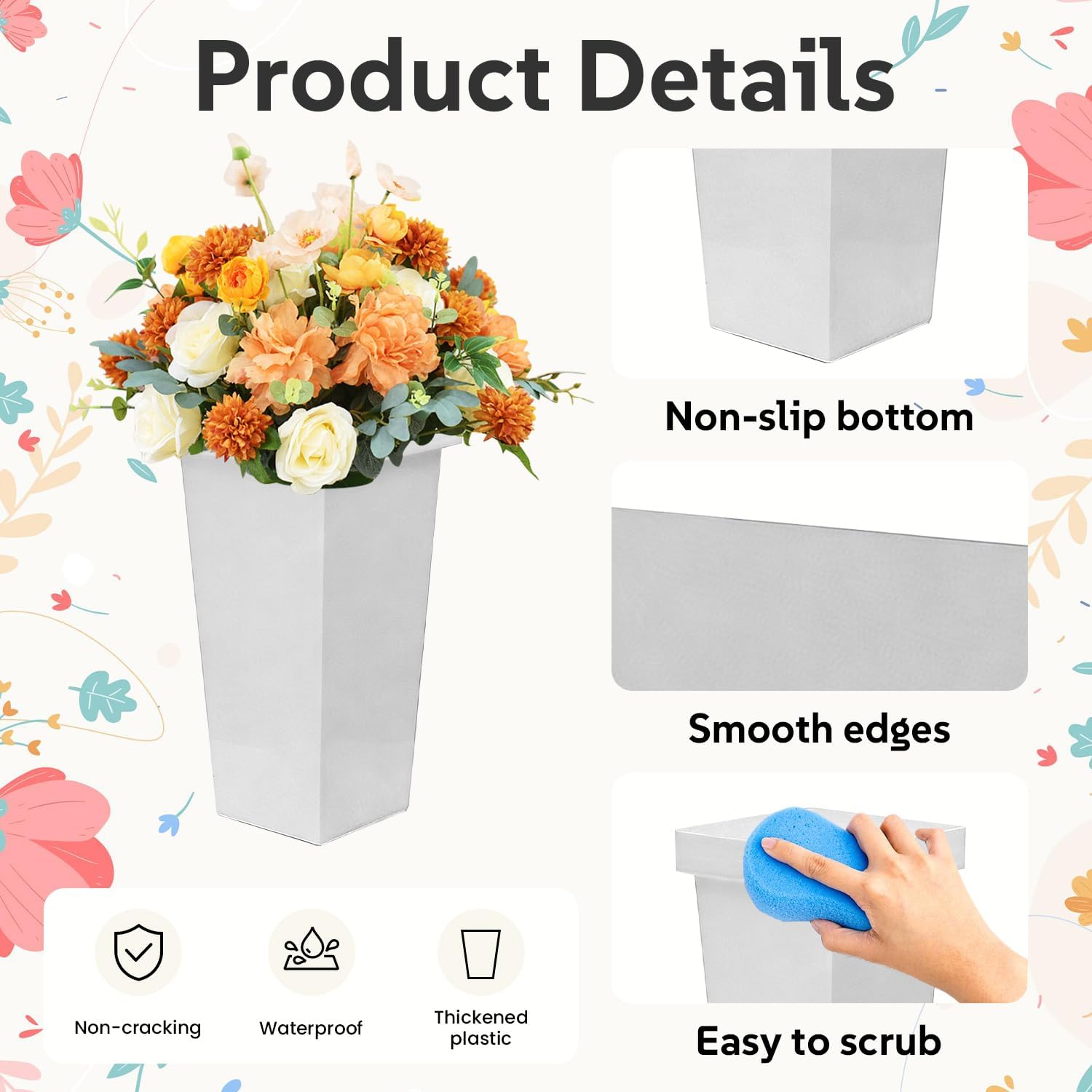 6 Pack Flower Buckets 13.4 Inch Plastic Flower Vases for Cut Flowers Modern Square Vases for Centerpieces Floral Display Decorative Plastic Vases for Table Home Wedding Decorations (White)