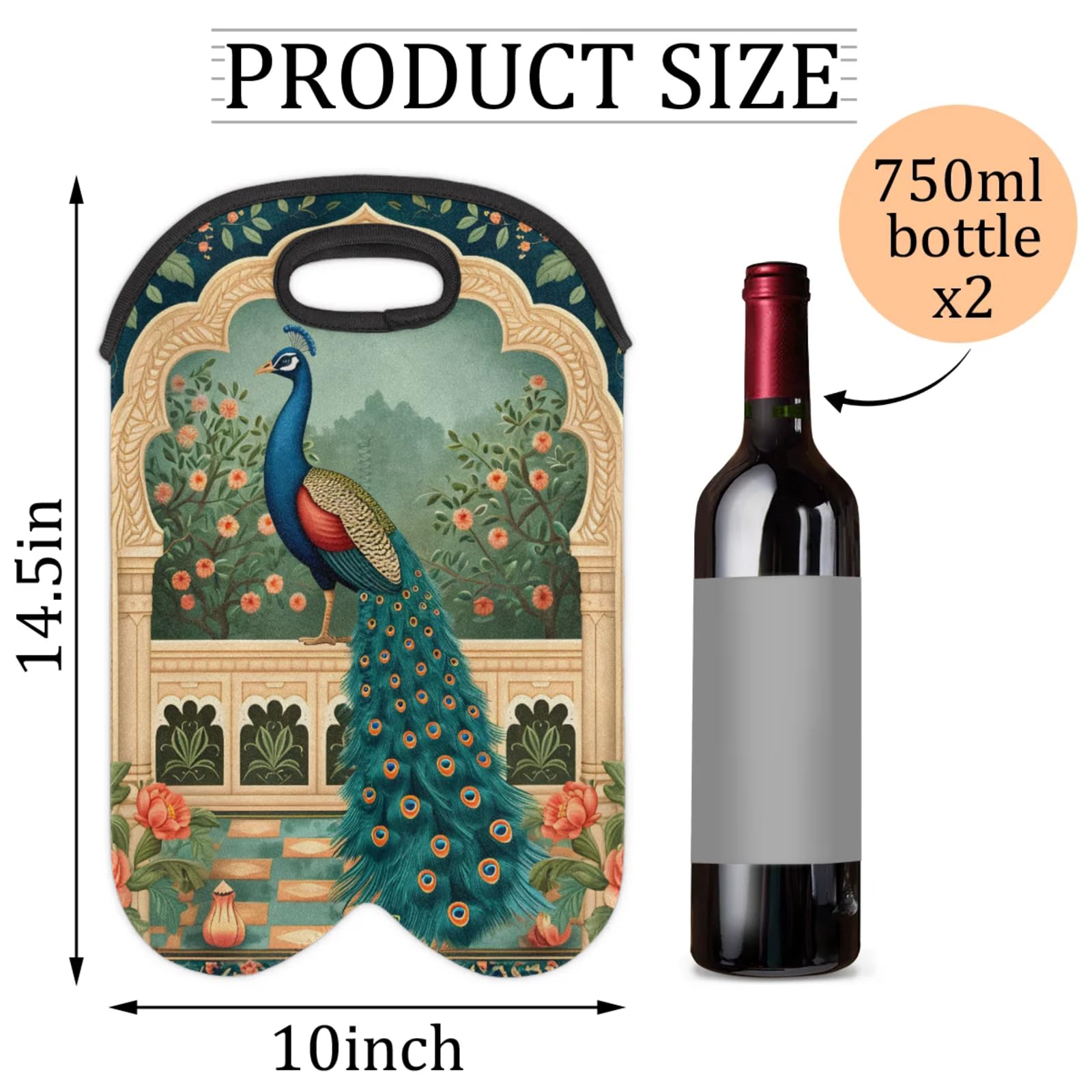 GzLeyigou 2 Bottles Peacock Wine Bag Sleeve Totes Peacock Palace Neoprene Protective Wine Carrier Bag for Wine,Water, Champagne, Beer, Baby Bottles,Gift 14.5 x 10 Inches