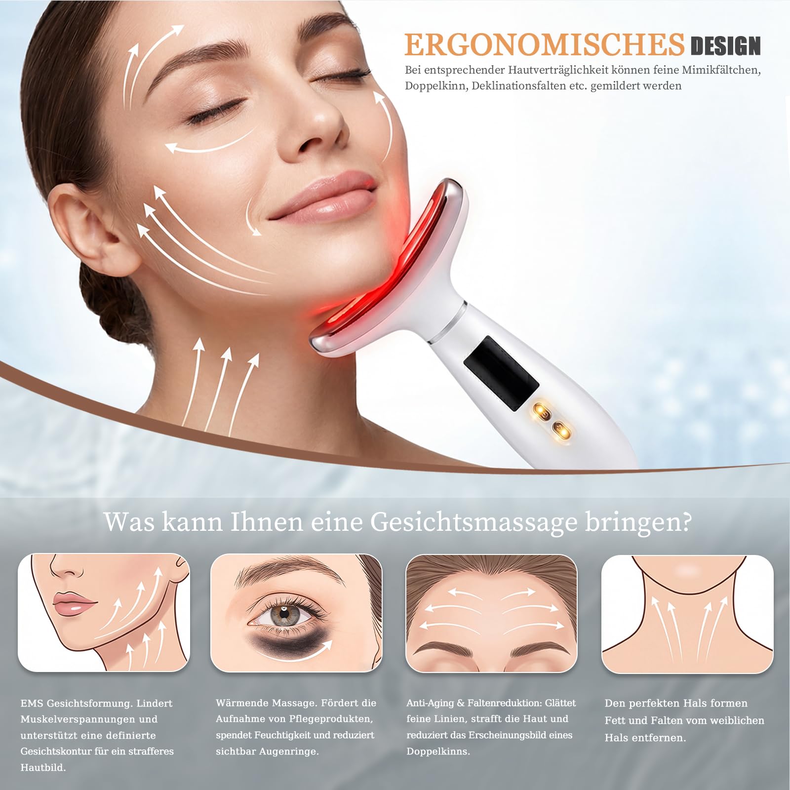 Gesichtsmassagegerät, EMS Gerät Gesicht gegen Falten, Face Massager mit 5°C Kühlung & 45°C Wärme, 6 Modi, 7 Farben LED Lichttherapie, Face Lifting Gerät für Gesicht & Hals Straffen - Weiß
