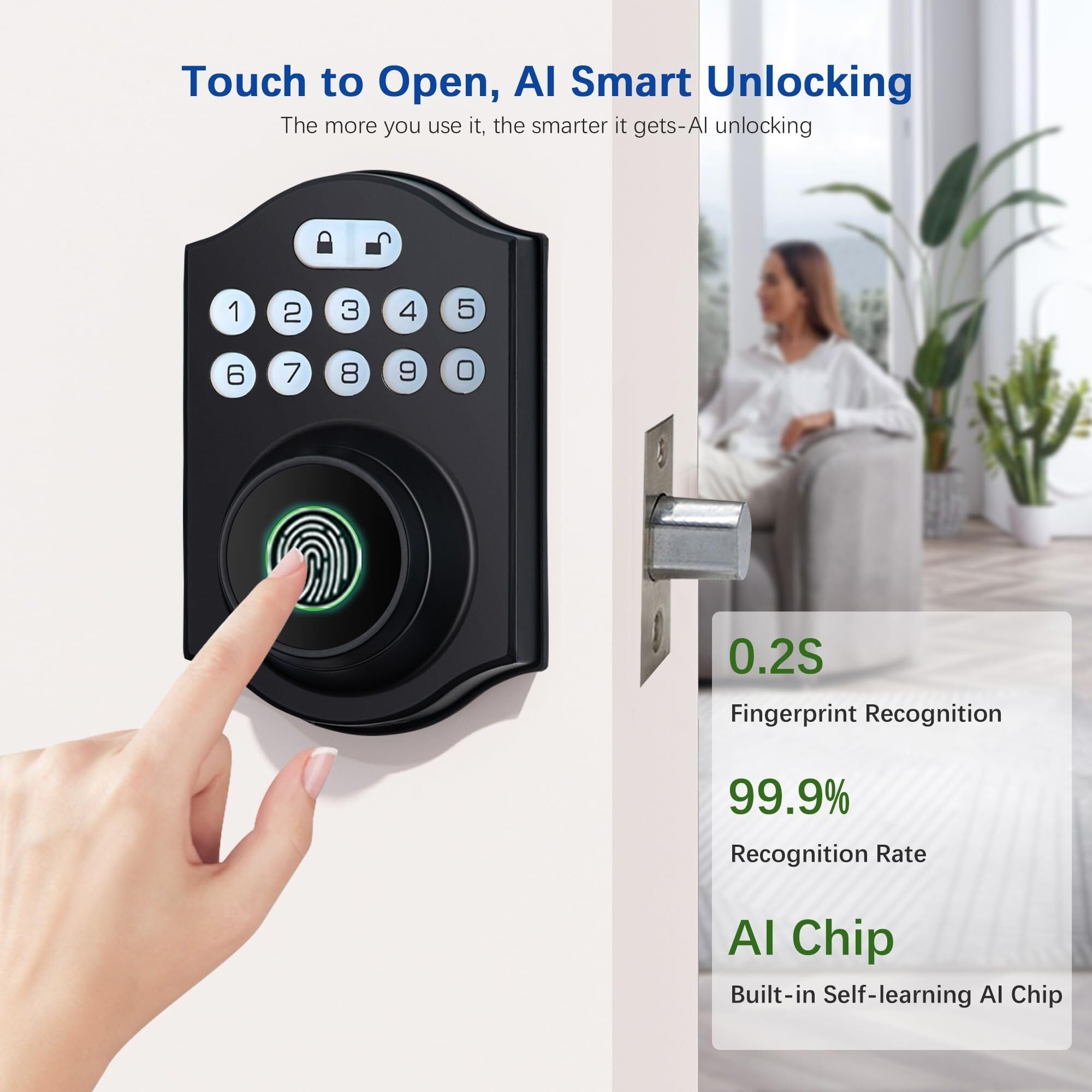 cerradura inteligente Cerradura de puerta inteligente con huella dactilar, cerrojo de entrada sin llave con teclado electrónico, control de aplicación Bluetooth(Noir)
