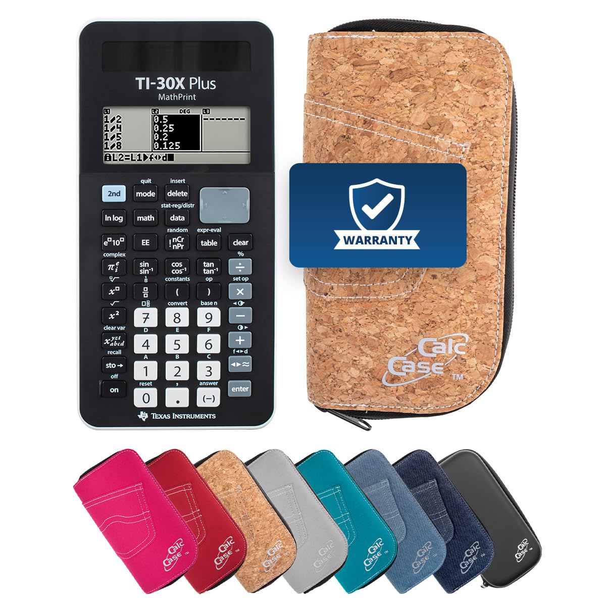 Texas Instruments TI-30X Plus MathPrint Taschenrechner – wissenschaftlicher Schulrechner für Sek I & II, Abitur/IQB zugelassen, mit CalcCase Schutztasche schwarz (Kork)