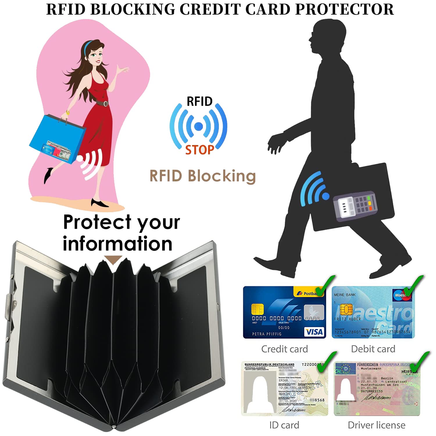 Etui na Karty Kredytowe z 6 Przegródkami dla Kobiet, Mężczyzn, Smukły Metalowy Portfel ze Stali Nierdzewnej z Blokadą RFID, do Ochrony inFormacji o Kartach. (6 Kart/Czarny)