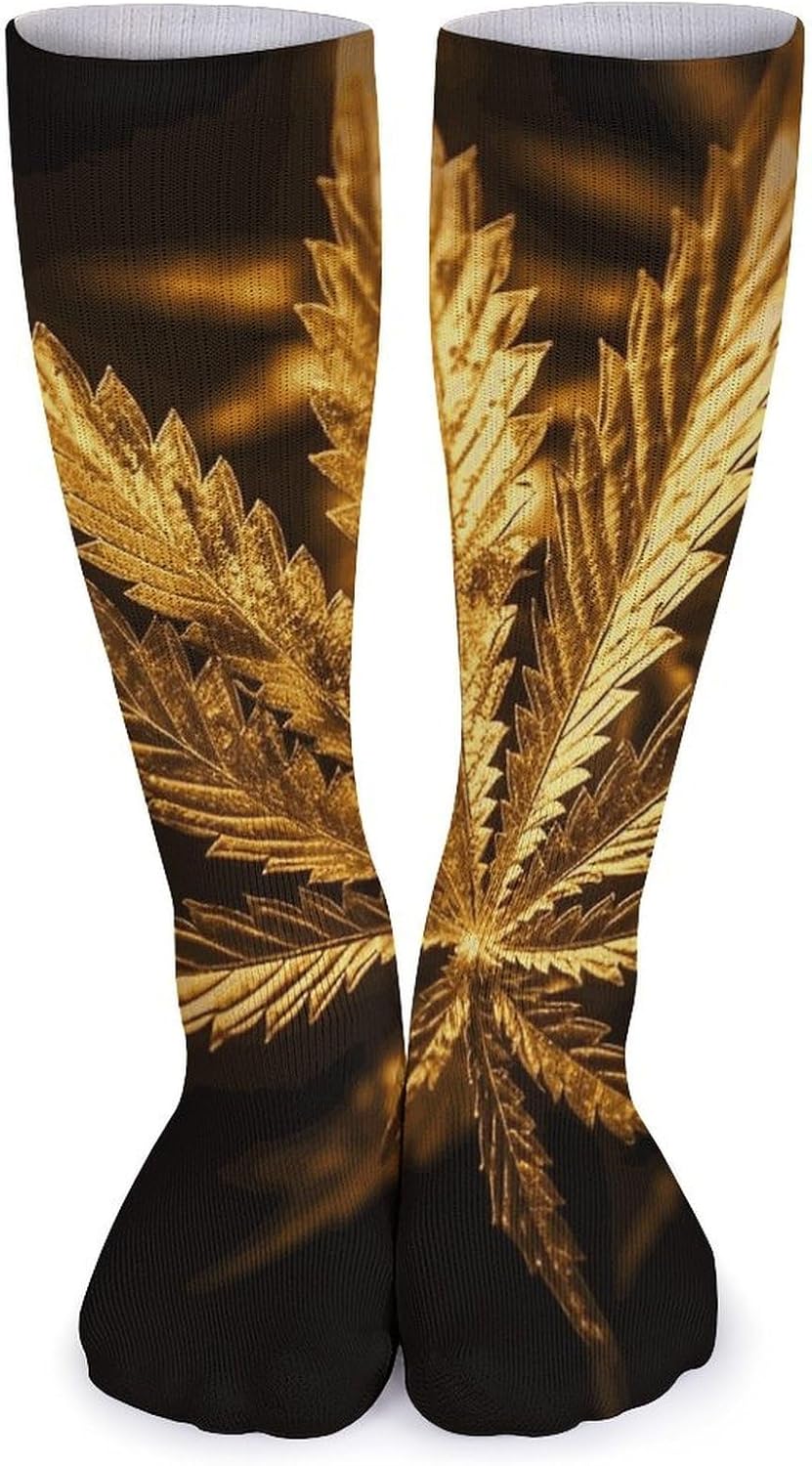 5-Pack Knee High Socks, 15.7 Inch Breathable Casual Socks Golden Cannabis Stockings for Men Women