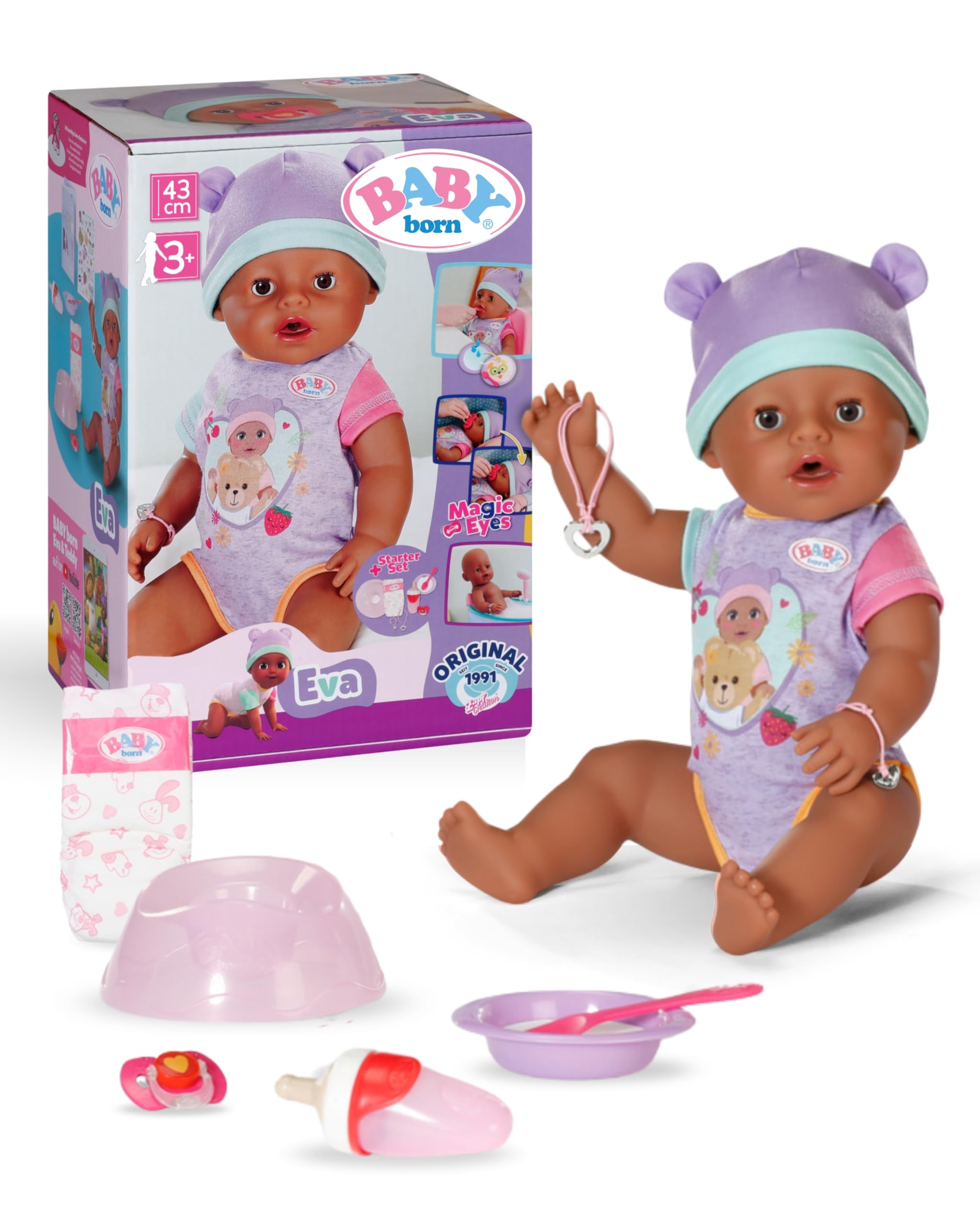 BABY born Eva, muñeca bebé con 10 funciones y accesorios, para niños a partir de 3 años, funciona sin pilas, muñeca de 43 cm