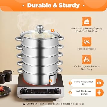 Gbonklong 5 Tier Thick-bottomed Stainless Steel Steamer Pot Food Steamer, 10-inch Pot with Tempered Glass Lid Cooking Multipurpose Cookware for Vegetable, tamale,Dumpling, Egg