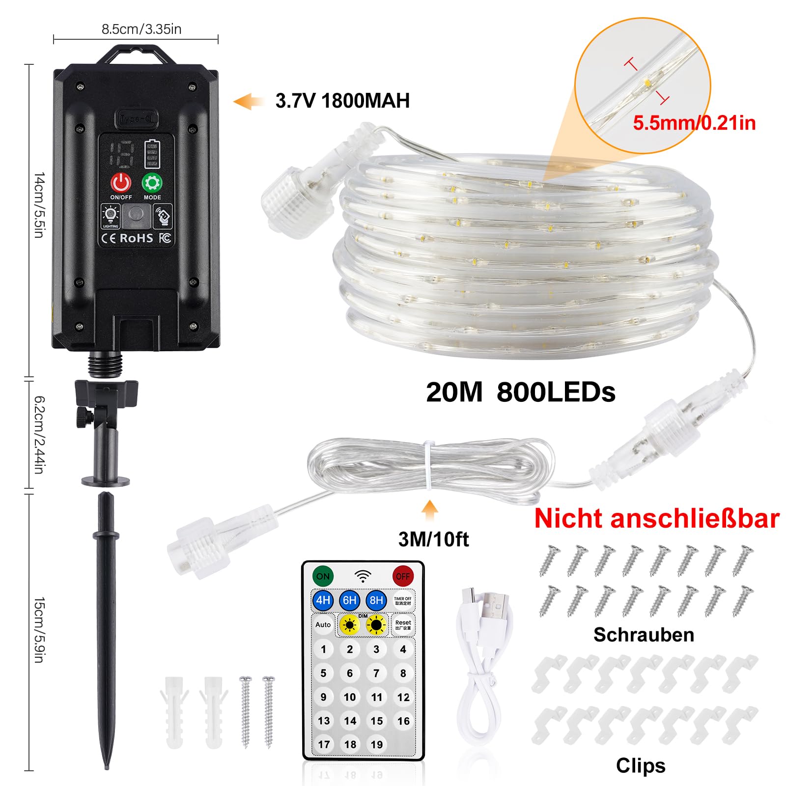 StarryEver Tubo solare a LED per esterni, 20 m, 800 LED, luce bianca calda, per esterni, con funzione di ricarica USB e telecomando, per feste, trampolino, giardino, balcone
