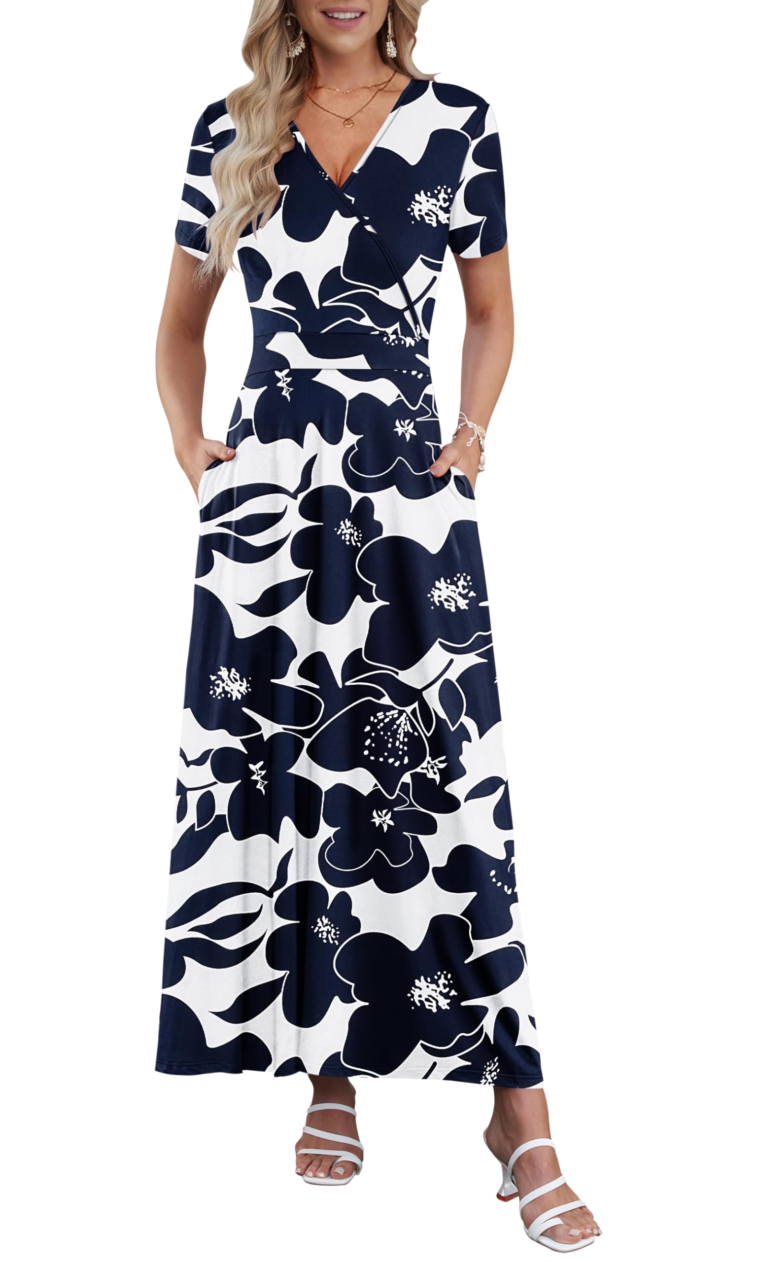 AUSELILY Robe Longue Femme Ete Col en V Manches Courtes Robe Femme Chic et Elegant Taille Haute Ligne A Cocktail Robes avec Poches