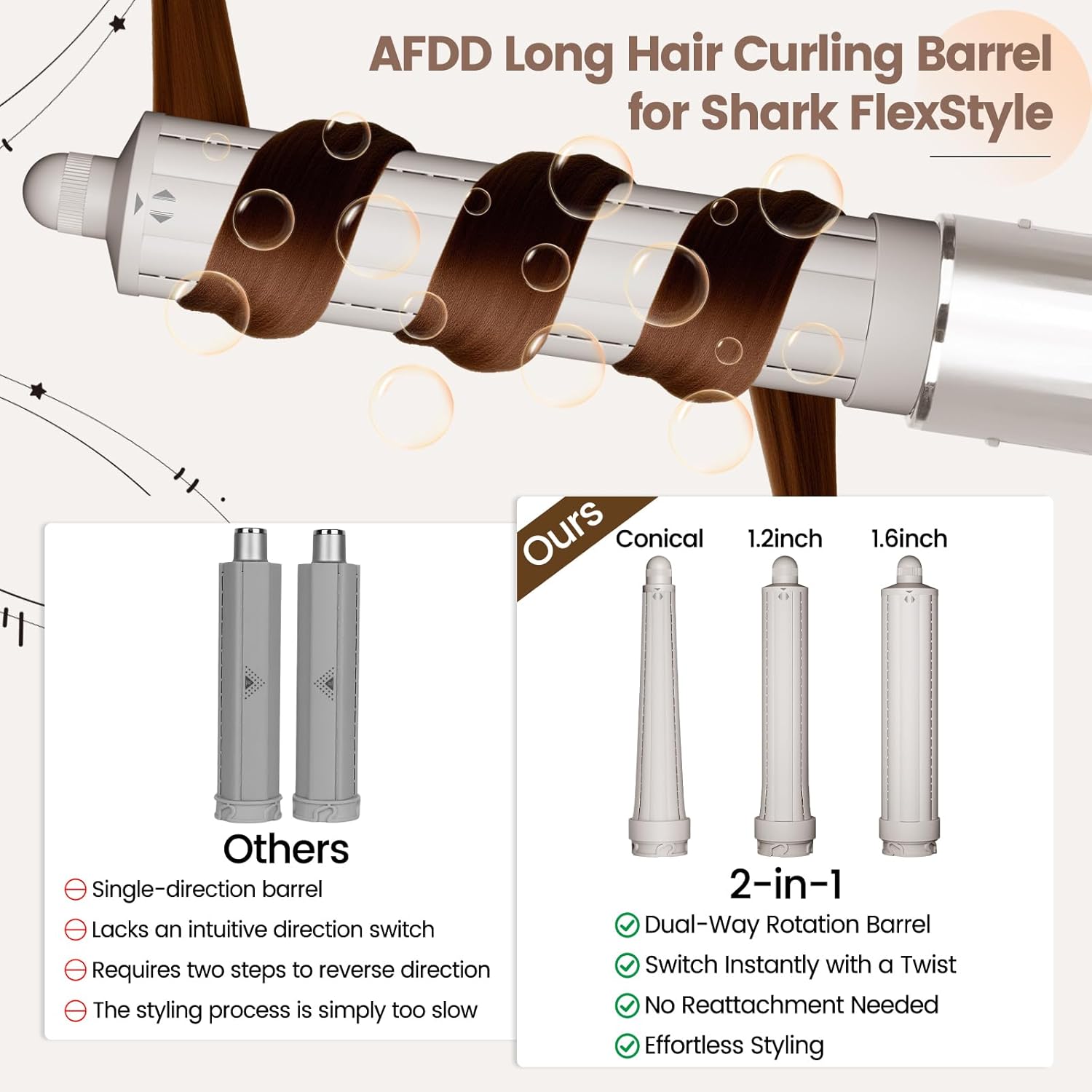1.6in Long Hair Curling Barrel Attachment Compatible with Shark FlexStyle, Self-Curling Accessories for Shark Flex Style HD400 Series with Both Curl Directions for Loose Curls Waves - Image 6