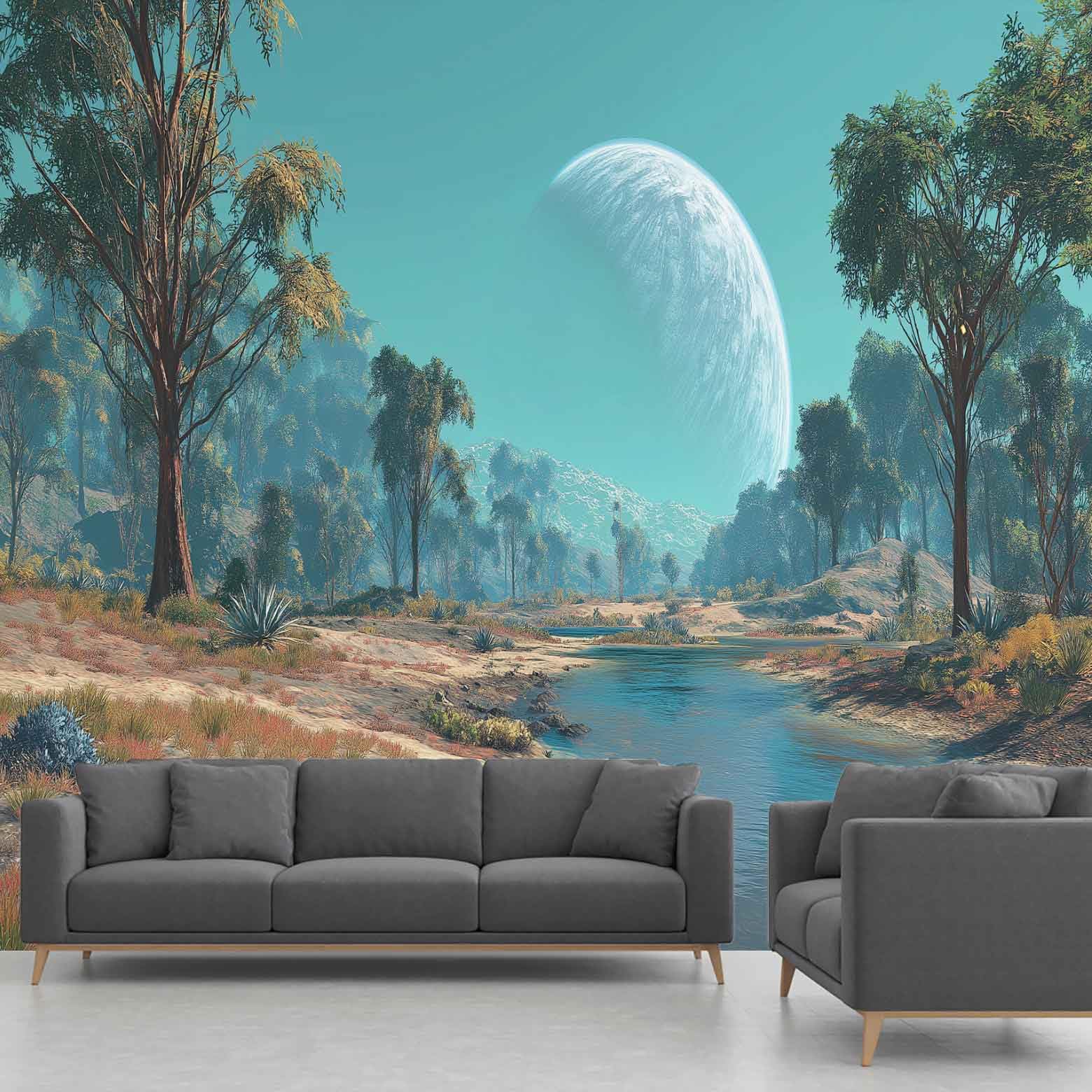 Papier peint surréalisme arbre magique pour créer une ambiance évasion dans votre salon