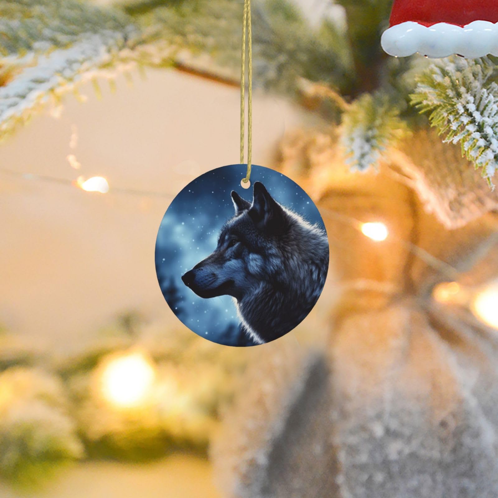Christmas Ornaments for Christmas Tree Decoration Ceramic Hanging Lonely Wolf Ornament with Gold Ribbon Crafts Round Pendant for Keepsake Gifts Glass Xmas Decor Party Supplies