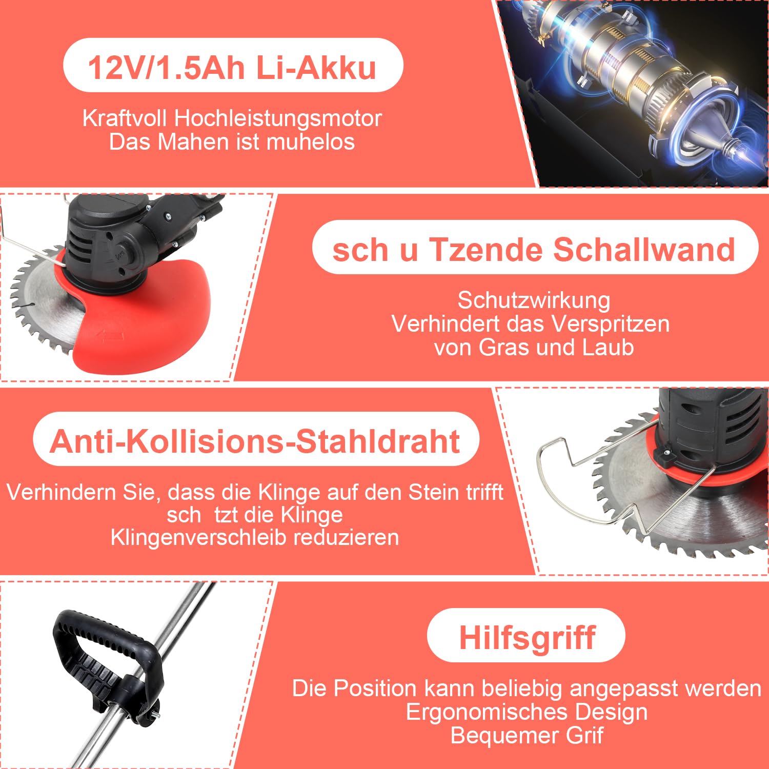 Eulenke Desbrozadora de césped con batería, incluye 2 baterías de 1,5 Ah y cargador, 2 en 1, 18.000 rpm, 24 V, cortador de bordes