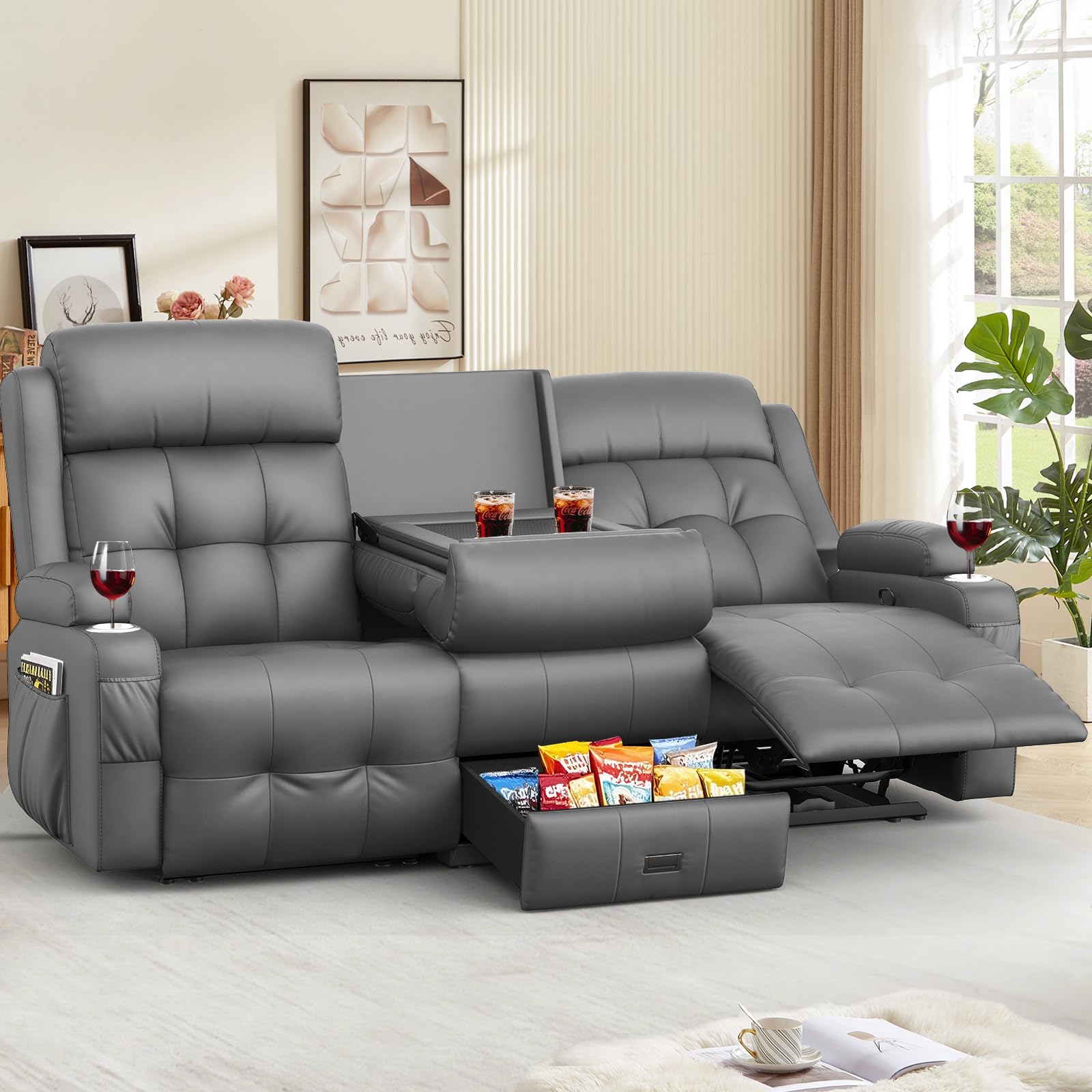 Recliner Sofa, 78.2" PU Leather Reclining Couch Loveseat with Flip Middle Backrest & Drawers - 3 Seat Home Theater Seating, Massage - Lumbar Support for Family Living Room & RV