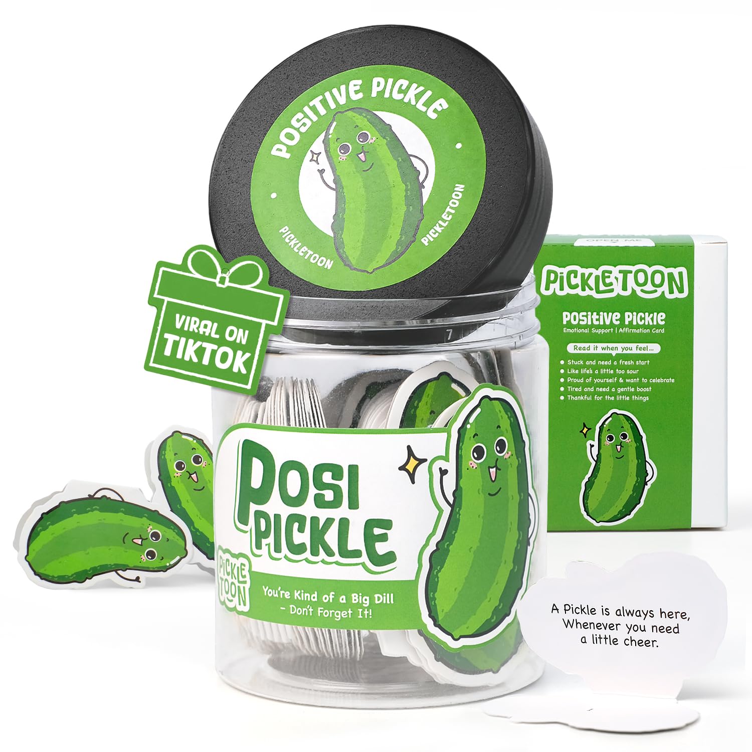 Positive Pickle Cards Jar (POSI PICKLE), 60 Daily Affirmation Cards, Emotional Support Pickle Gift, Read This When Encouragement Jar, Funny Self Care Gift for Women, Teens &amp; Coworkers