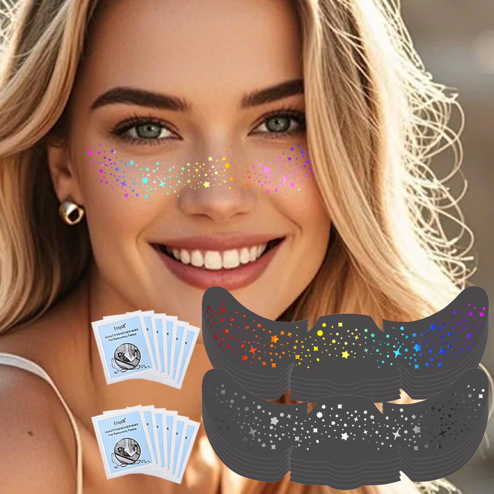 HOSAILY 12pcs Holographic Rainbow & Silver Glitter Freckles Face Tattoo, Waterproof Sparkle Face Glitter Speckles Patches for Women, Cute Star