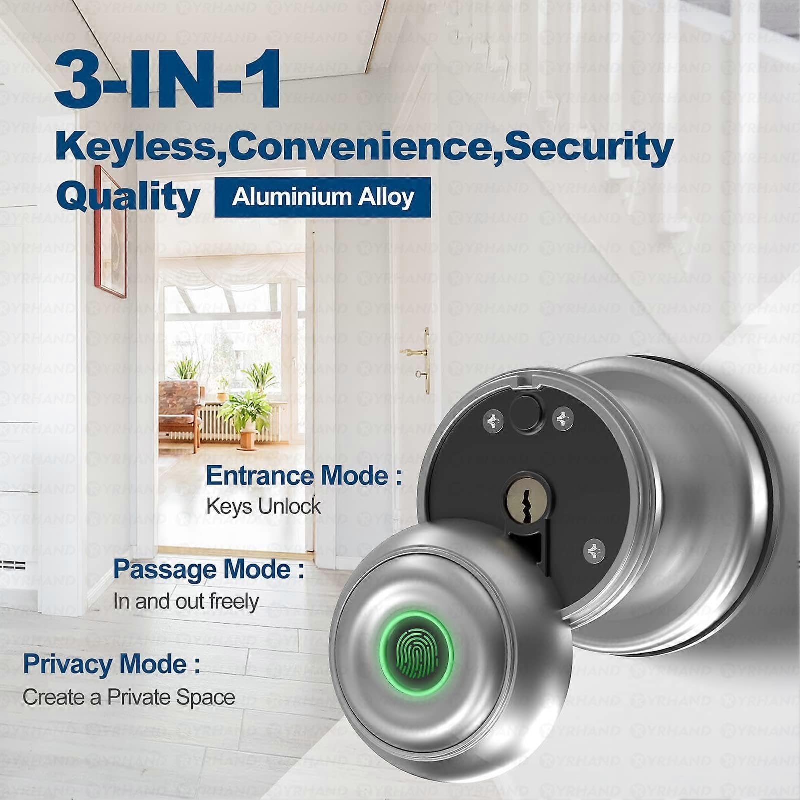 Okrągła gałka Tuya Bluetooth Smart Lock łatwa instalacja cylindryczna elektroniczna cyfrowa biometryczna blokada odcisków palców do inteligentnego domu