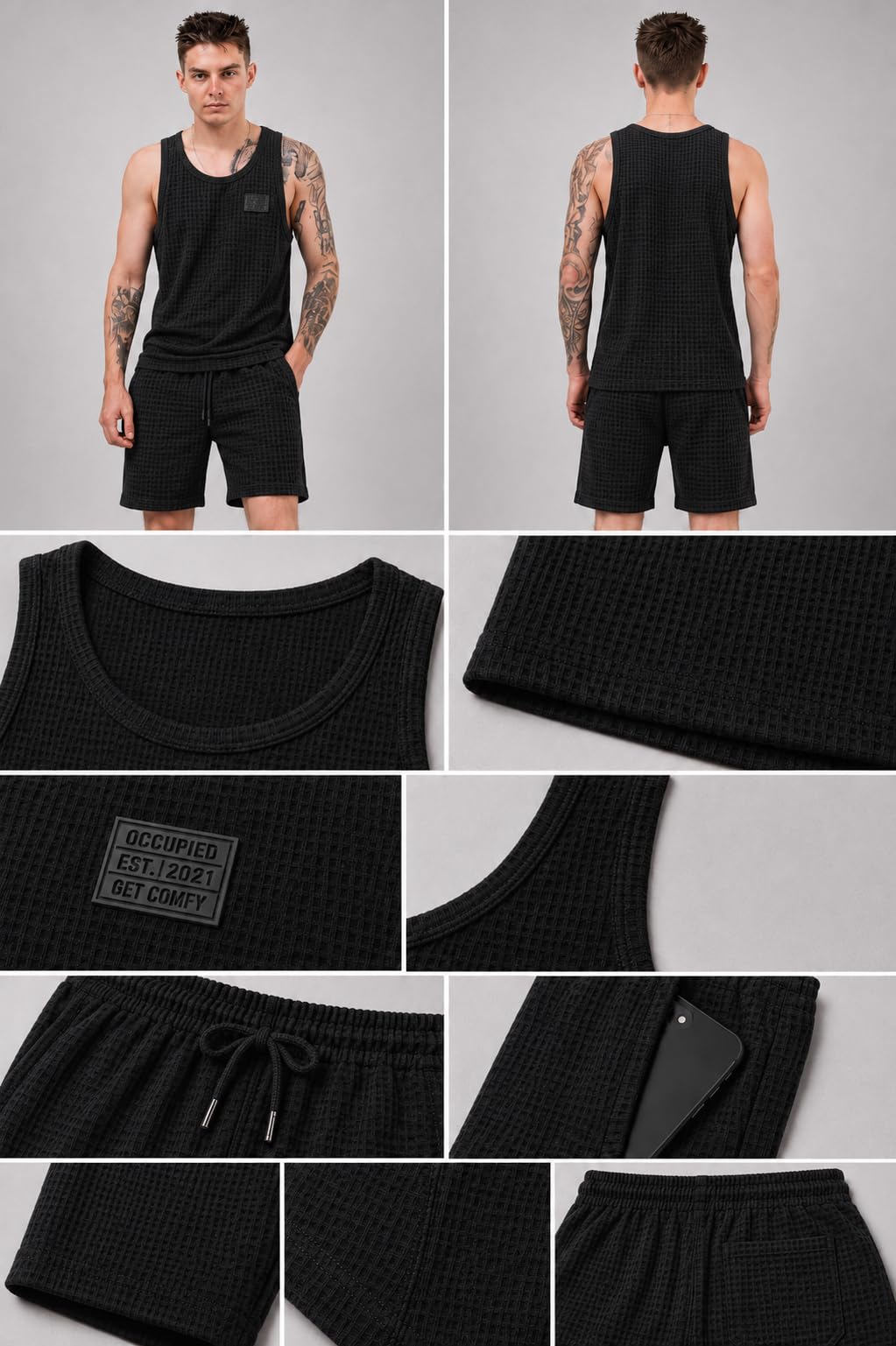 OCCUPIED CLOTHING CO. Men's Black Tank T-Shirt & Shorts Co Ord Set | Premium Cotton Fabric | Quick-Dry, Anti-Fading for Travel & Daily Casual Wear