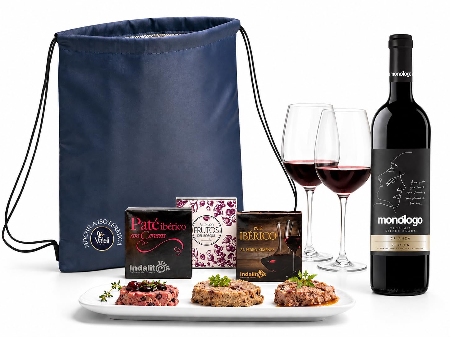 VALELI Pack regalos para hombre mujer, Cesta Gourmet con Vino Tinto Rioja Crianza 75cl, 3 Patés Ibéricos y Mochila Isotérmica.Detalle Cumpleaños, Navidad