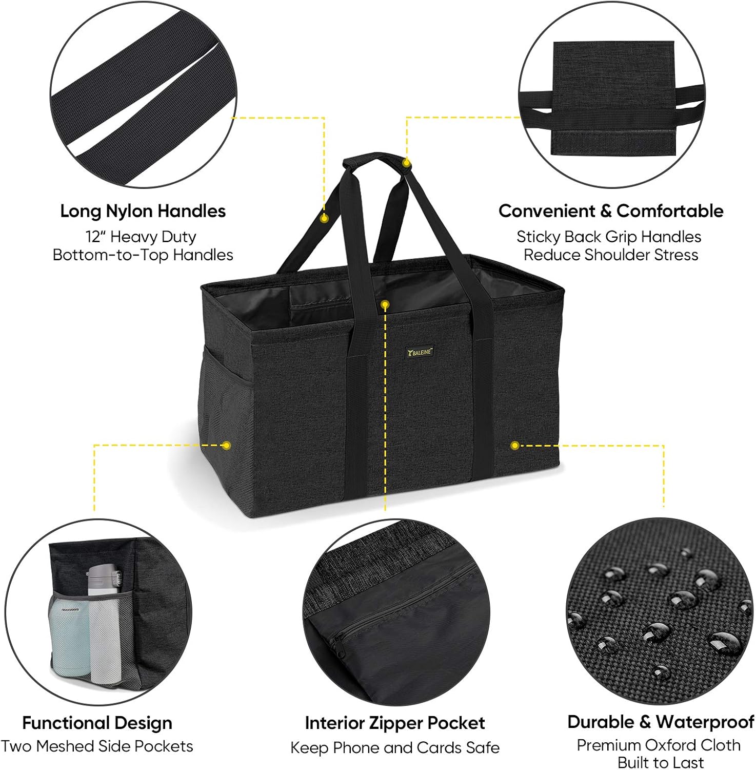 BALEINE Extra Large Utility Tote Bag with Wire Frame for Storage (Black, 1-Pack)