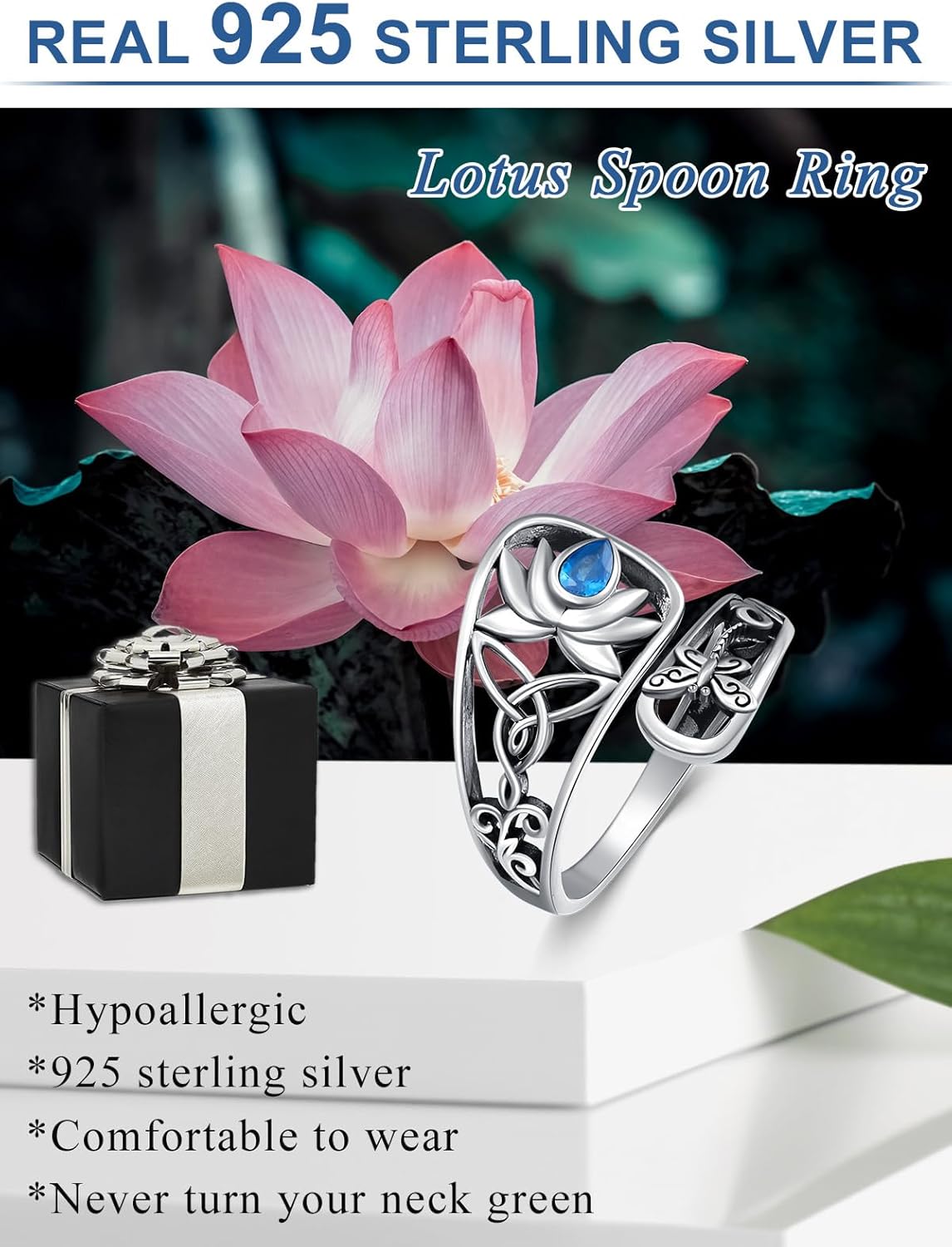 Midari Sun and Moon/Bee/Celtic/Life of Tree/Lotus Spoon Ring for Women 925 Sterling Silver Adjustable Ring Open Ring for Women Men Halloween Birthday Gift - Image 4