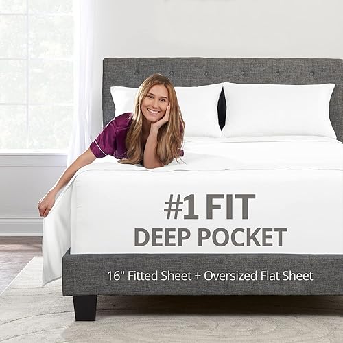 Miniatura 8 de Juego de almohadas y sábanas, para cama tamaño queen, sábana bajera con esquinas profundas de 16 pulgadas, sábana encimera de gran tamaño, 2 fundas