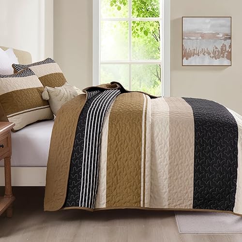 Vista 54 de Juego de edredón gris tamaño King, colcha de cultivo bohemio de otoño a rayas, juego de ropa de cama de microfibra bohemia de 3 piezas, colcha Gris