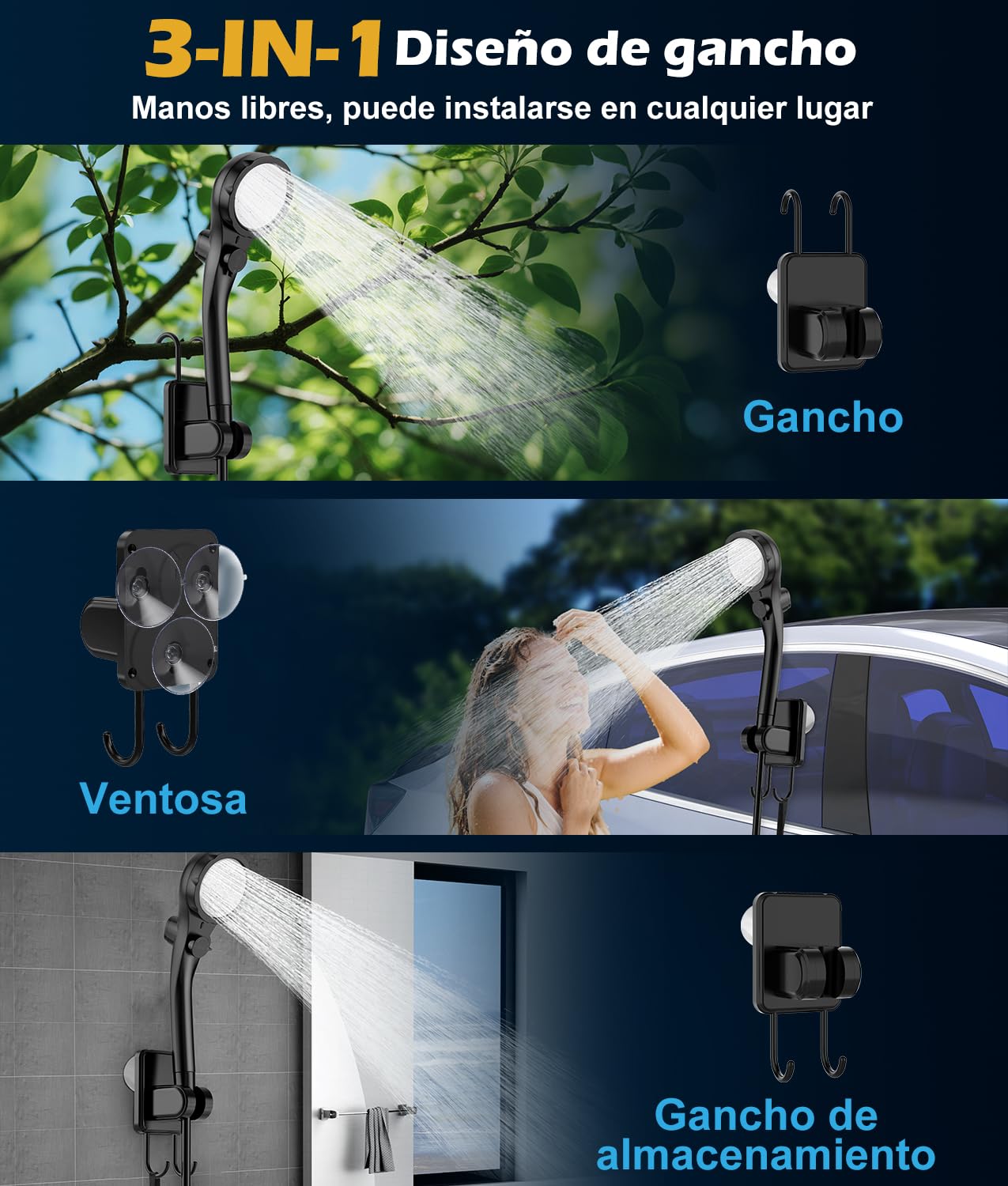WADEO Ducha de Camping con batería, Bomba e iluminación, 120 Minutos de autonomía, Set de Ducha móvil con Manguera de 2 m y Cubo de Ducha para el jardín, Lavado de Coches, Mascotas, Playa y Viajes