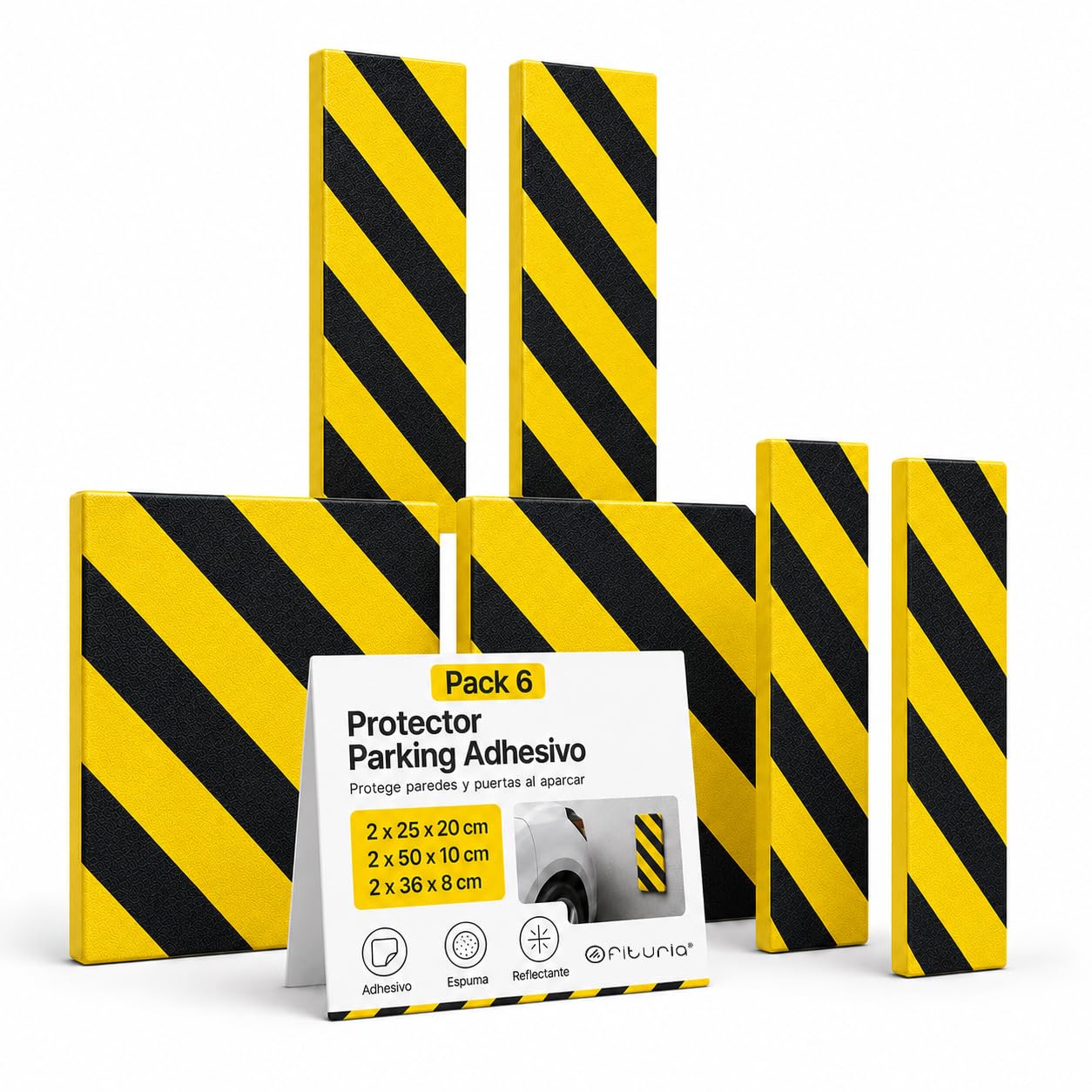 OFITURIA Protection Garage Adhésive Pack 6 25x20+50x10+36x8 cm Noir/Jaune, Protection Murale Garage, Protection Portière Voiture, Mousse Garage (Pack 6 unités, Set Mixte, Noir/Jaune)