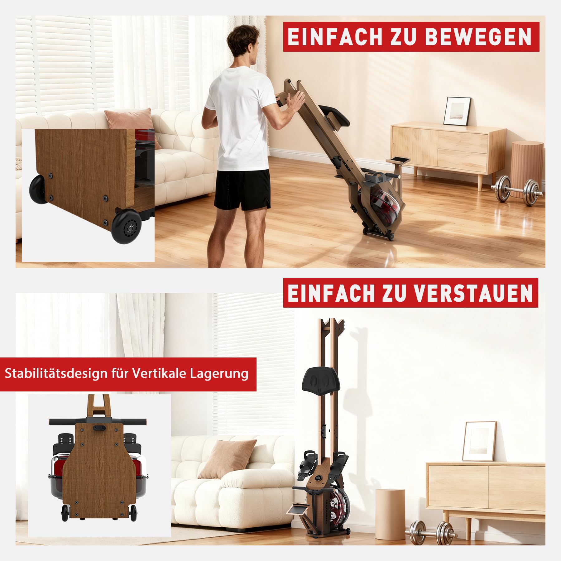 [2026] Wenoker Wasser Rudergerät für Zuhause + 22L Extra-großer Wassertank | LED Knob Display, Bluetooth App, FSC Massiv Eiche, Verbesserte Doppelschienen, Vertikal verstaubar