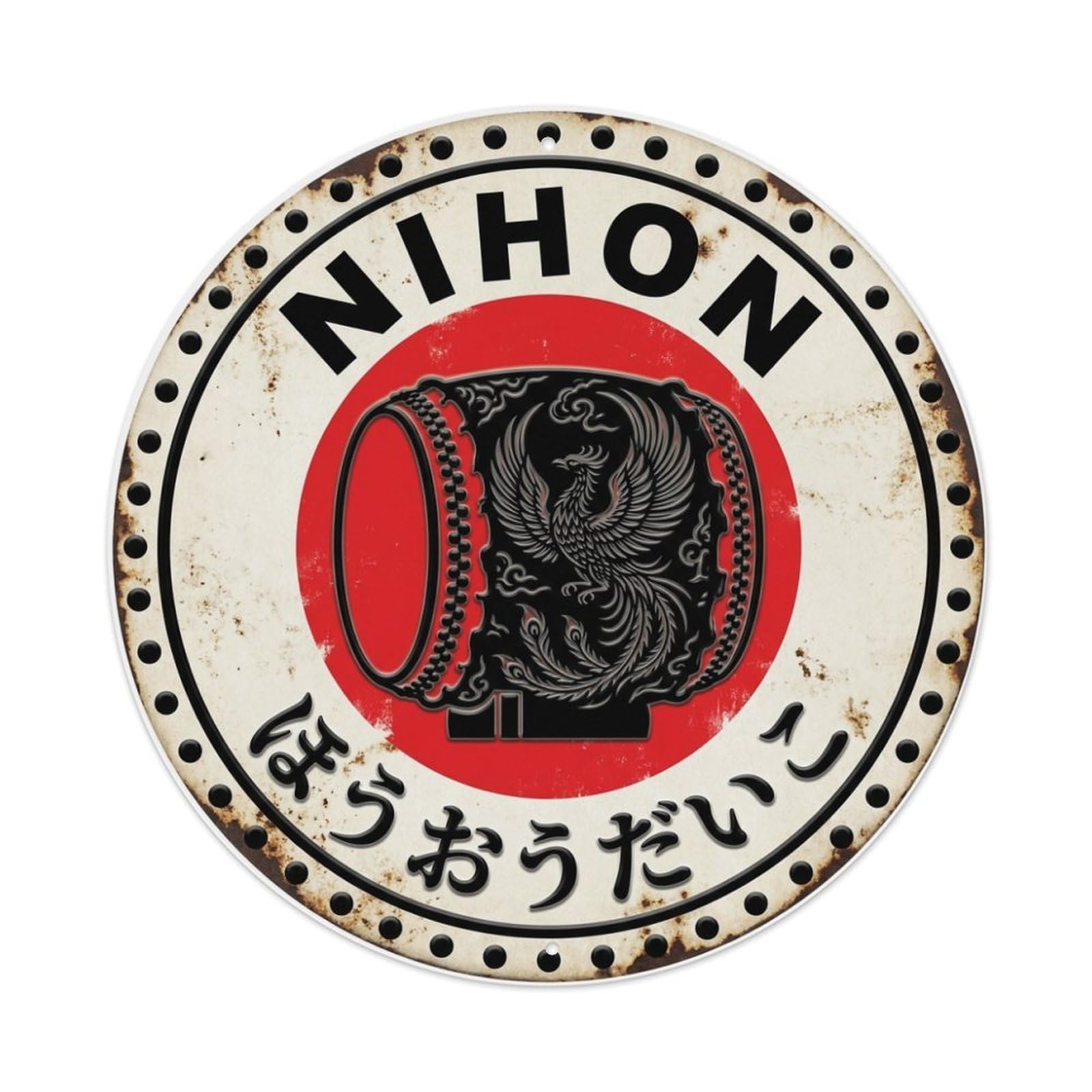Phoenix Taiko Drum Nihon Red Sun Mythic Bird Emblem Metal Tin Sign Plaque Wall Decor for Cafe, Man Cave, Club Bar, Office, Home Garden Round Metal Poster 8x8Inch