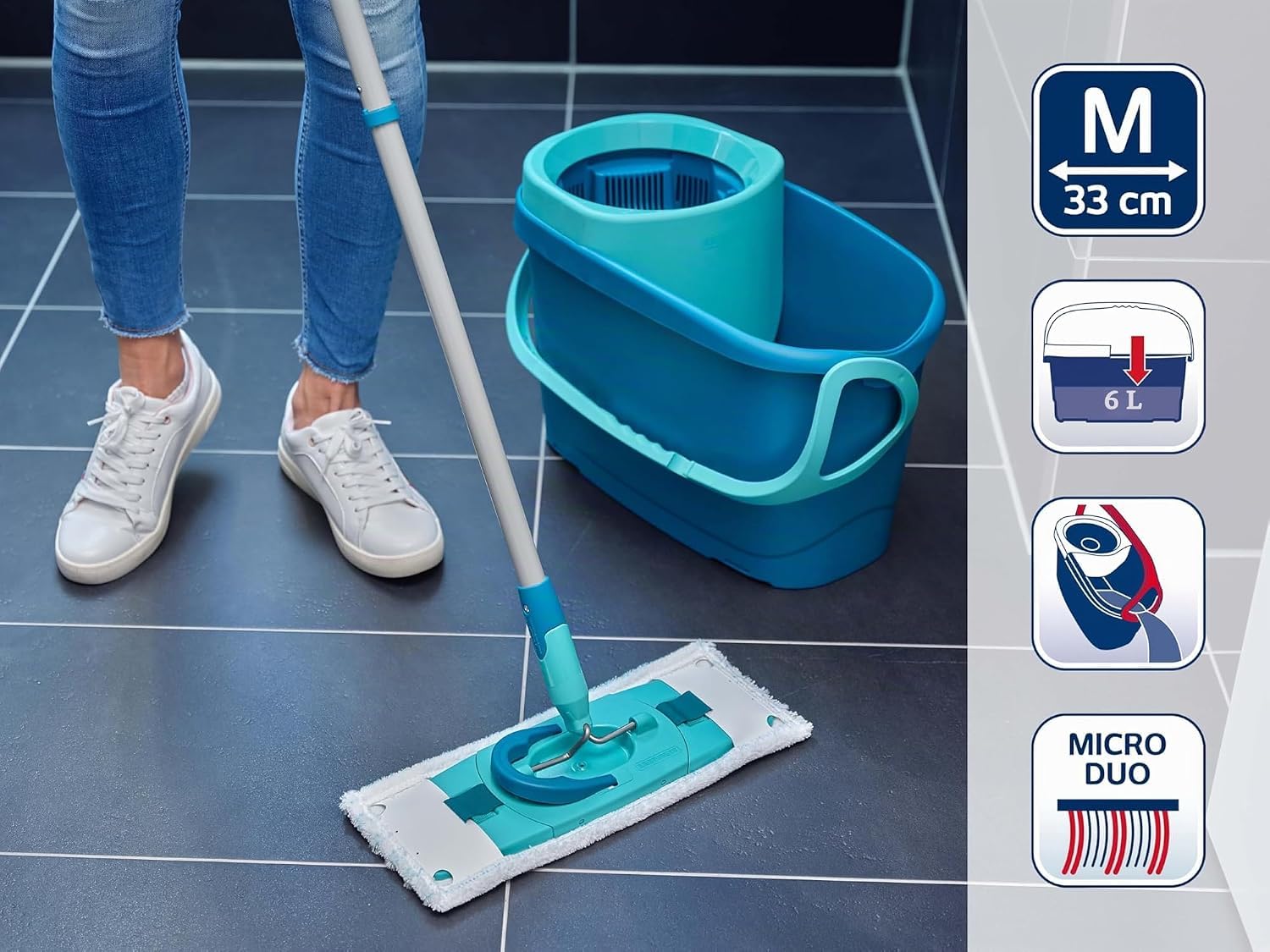 Leifheit Set Leifheit Mopa Clean Twist M Ergo 2.0, mopa fregona con cubo con 1x funda de microfibra para todo tipo de suelo y 1x funda para polvo, sistema plano con mecanismo de centrifugado