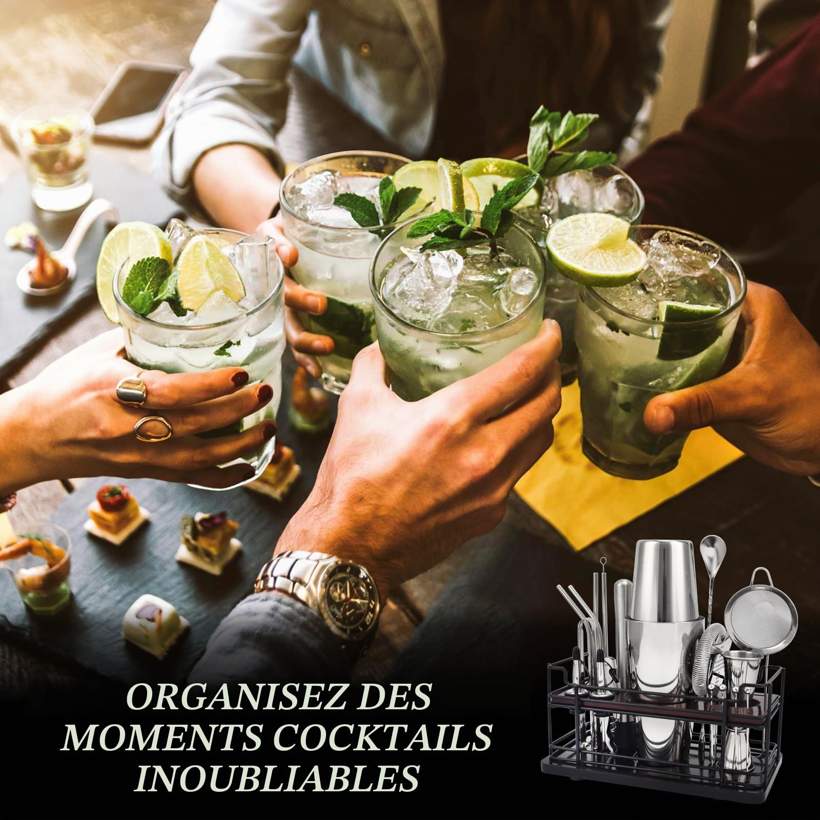 Boston Shaker à Cocktail 20 pièces avec Support, kit Cocktail 825 ML en INOX, Comprenant doseur Cocktail, Pilon et Autres Accessoires Pros, Set Machine à Cocktails pour fêtes, Maison et Bar (argenté)