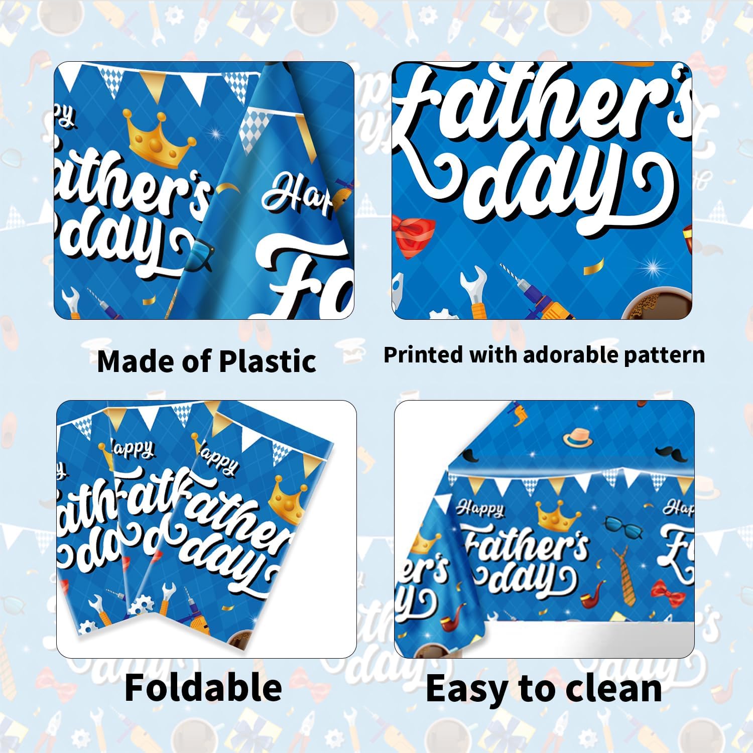 1PC Fathers Day Tablecloth Disposable - 108" × 54", Happy Fathers Day Table Cloth Best Dad Ever Necktie Gift Box Suit Tablecover Plastic Rectangle Table Cover for Dinner Party Decor