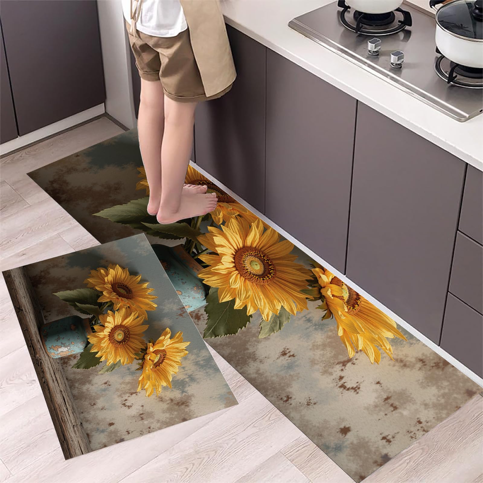 Tapis de cuisine antidérapants 45x150cm jaune lavables pour sol style champêtre