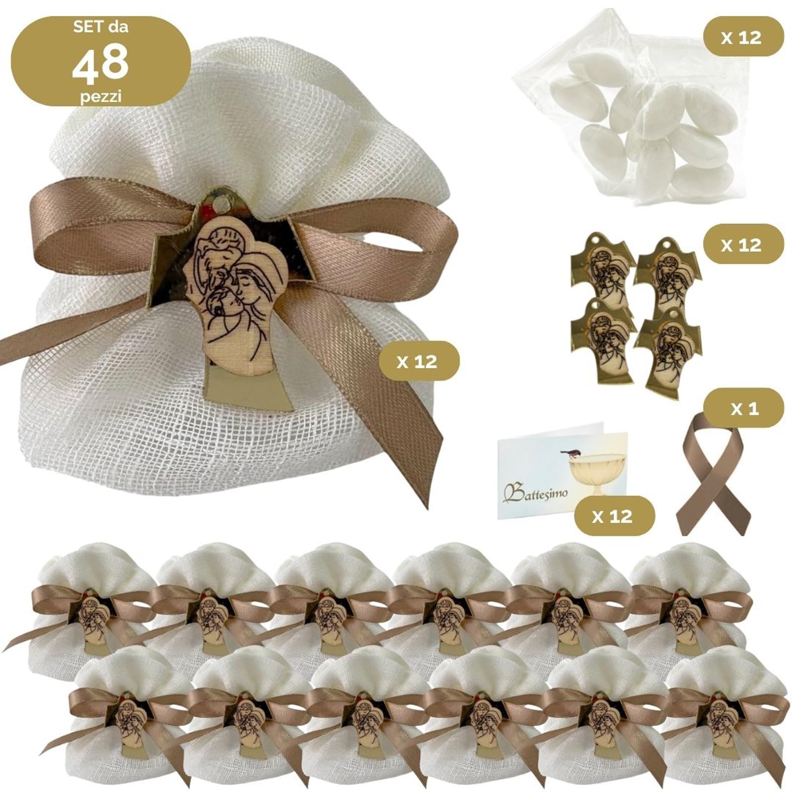 Doni Bomboniere Lot de 12 sachets de baptême en blanc avec application en or et en bois, sainte famille, sachets de dragées, cartes personnalisables, dragées, communion pour enfant