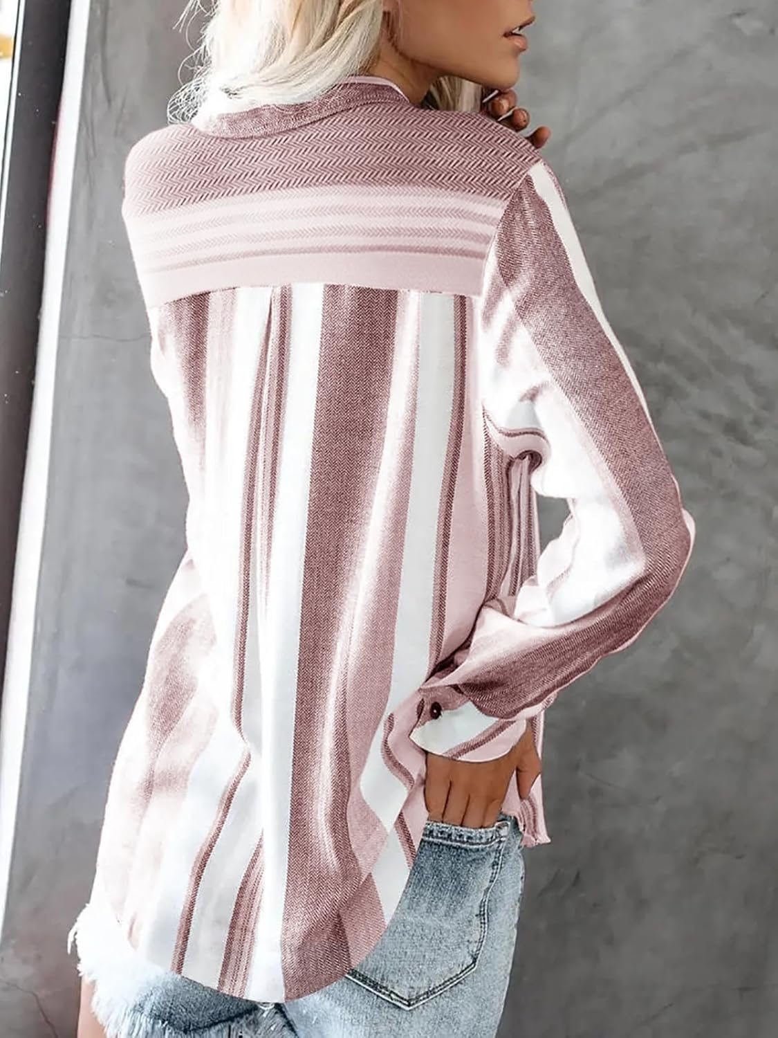 Linen Shirts for Women Button Down Shirts Long Sleeve Collared Blouses Striped Casual Work Tops Cowgirl Western Outfits - Pink White Striped L - Image 2