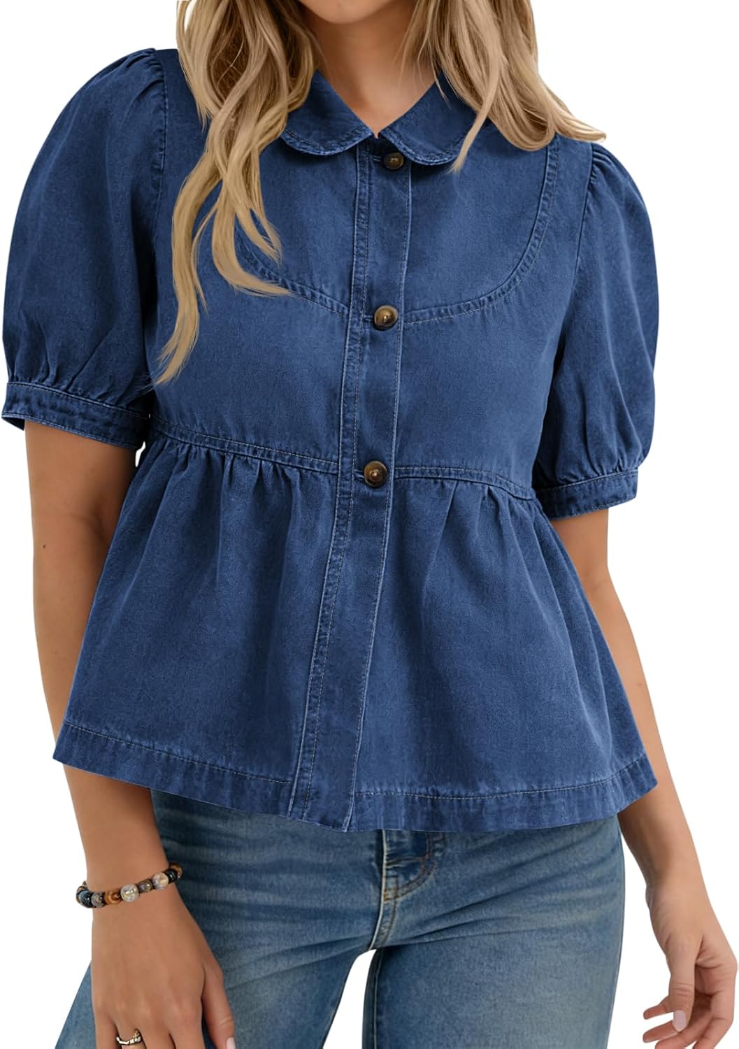 Yousify Womens Button Down Denim Shirts Short Puff Sleeve Babydoll Peplum Casual Jean Tops Summer Ruffle Flowy Blouses