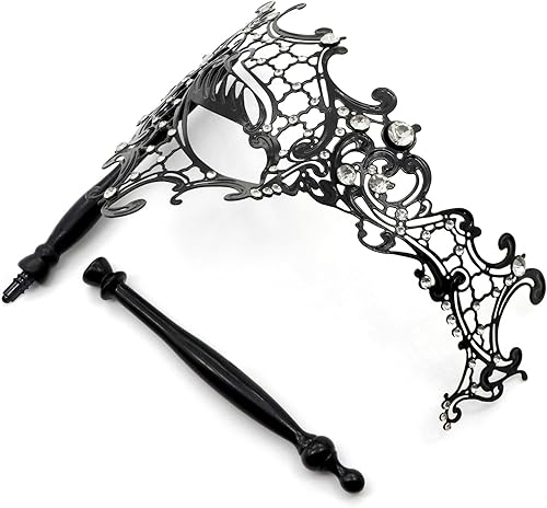 Miniatura 5 de Thmyo Máscara veneciana de fiesta de Mardi Gras de Halloween con palo de sujeción, máscara de mano con plumas de metal y diamantes de imitación