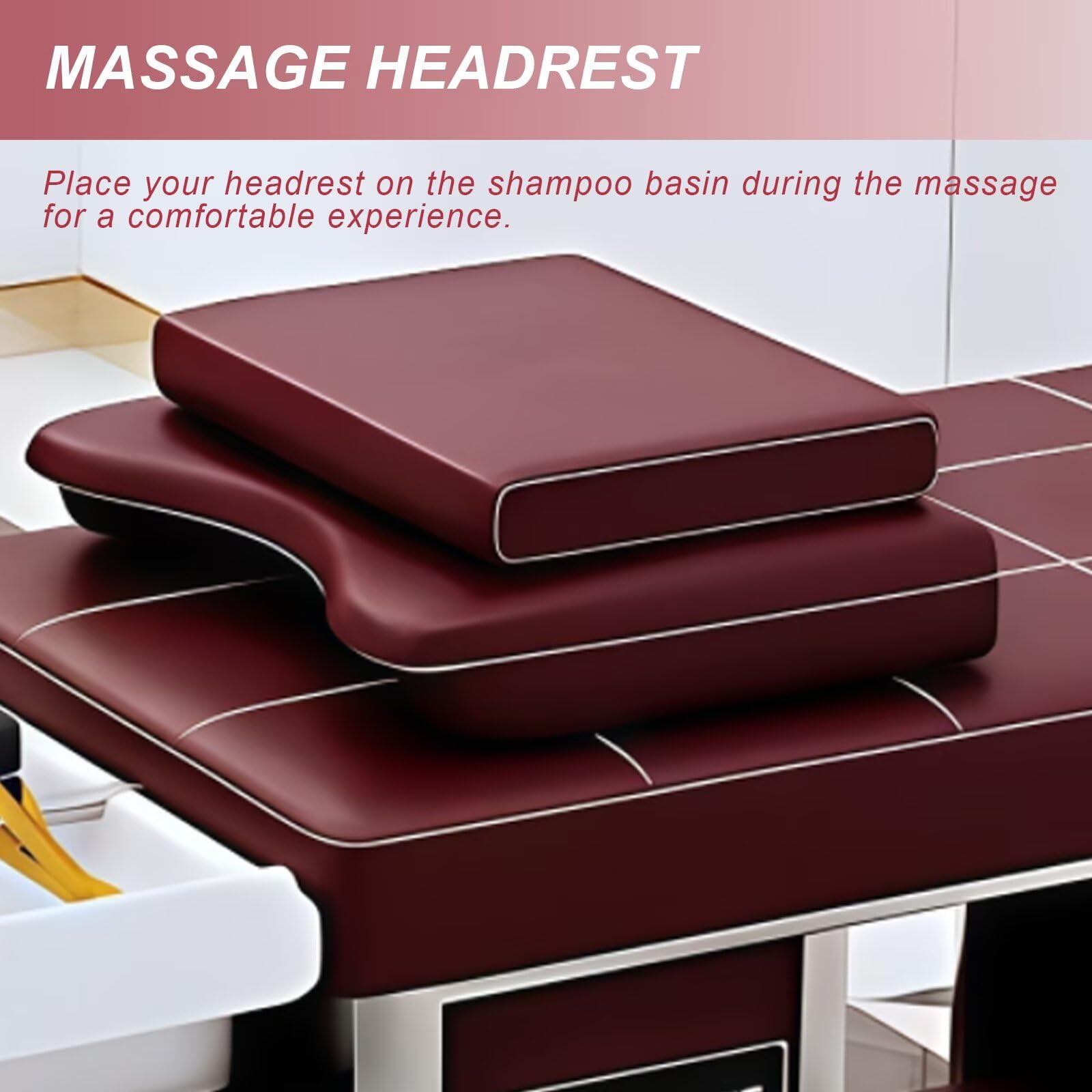 Professionelle Salon-Shampoo-Massageliege, Luxuriöse Kopf-Spa, Burgunderrotes Leder, mit Wasserfall-Kopf-Spa-Ausstattung, Begasungsset, Bedienfeld, Hocker