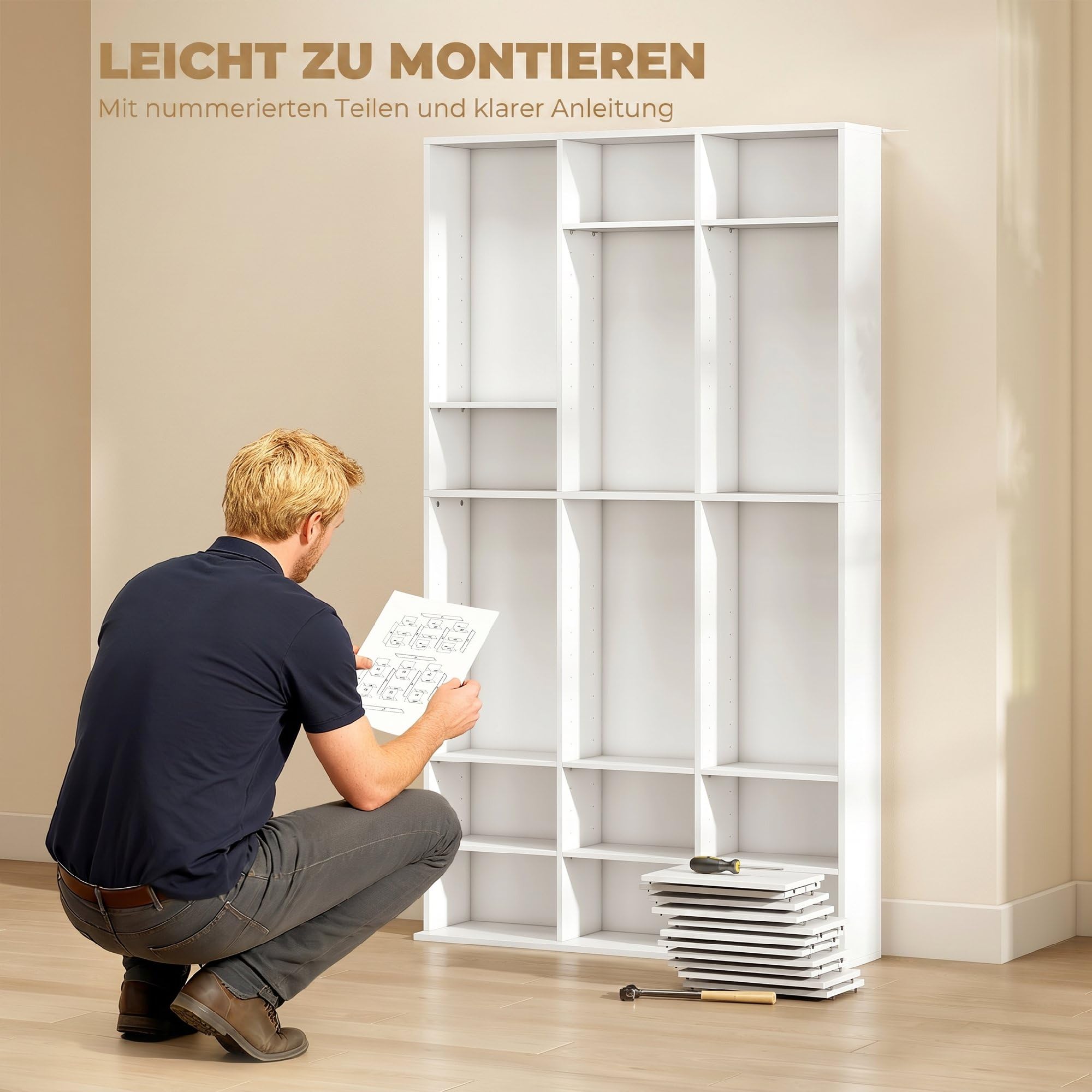 HOMCOM CD/DVD-Regal für 835 CDs oder 500 DVDs, Blu-ray Medienregal, Weiß | Mit 27 Fächern, 21 Verstellbaren Einlegeböden, CD Turm, für Wohn-, Schlaf- oder Arbeitszimmer
