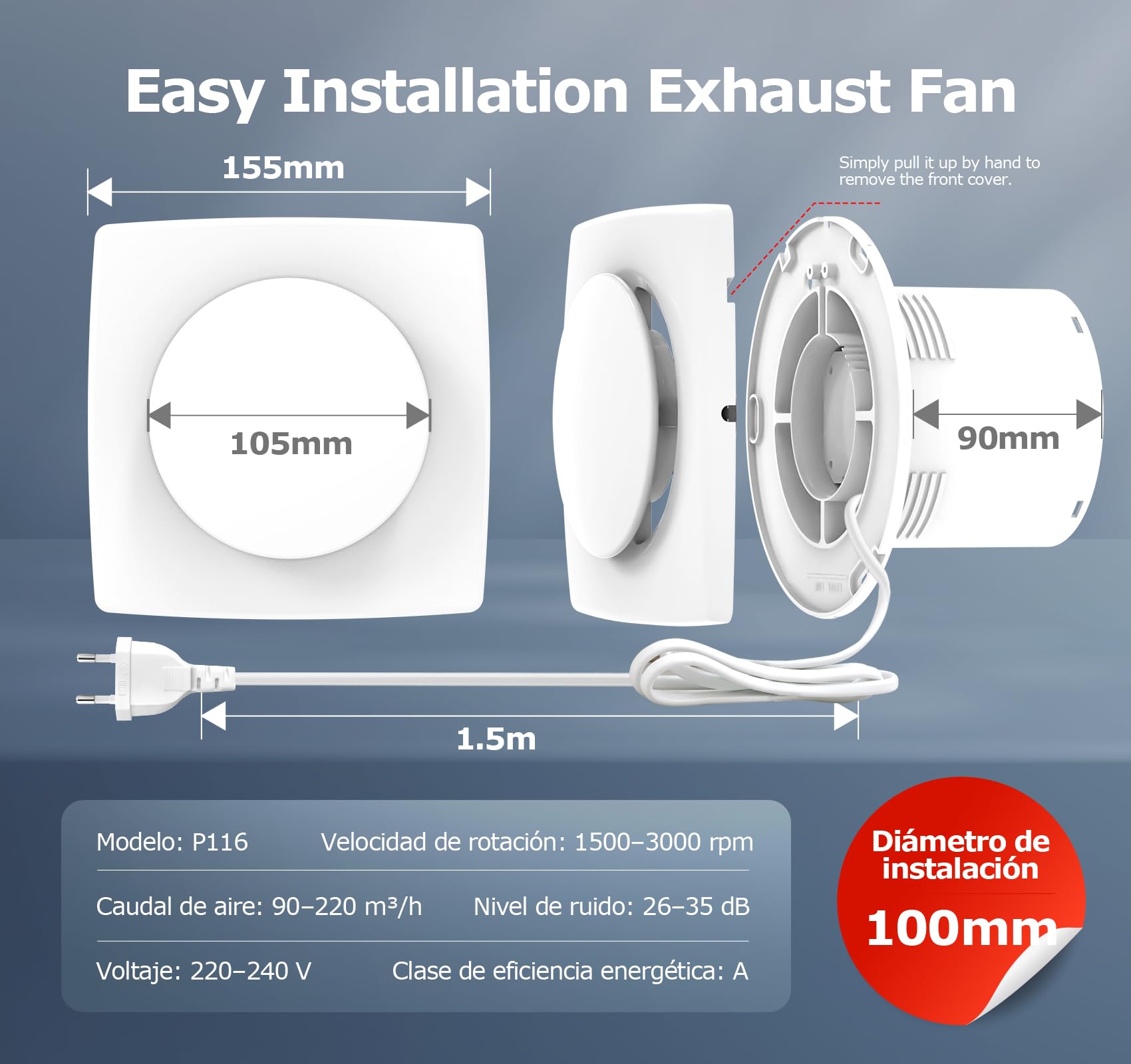 Extractor de Baño 100mm, Bidireccional, 6 Velocidades con Luz Indicadora, Función de Memoria, Ventilador Extractor de Aire con Control Remoto, Motor DC Sin Escobillas Silencioso Extractor Baño