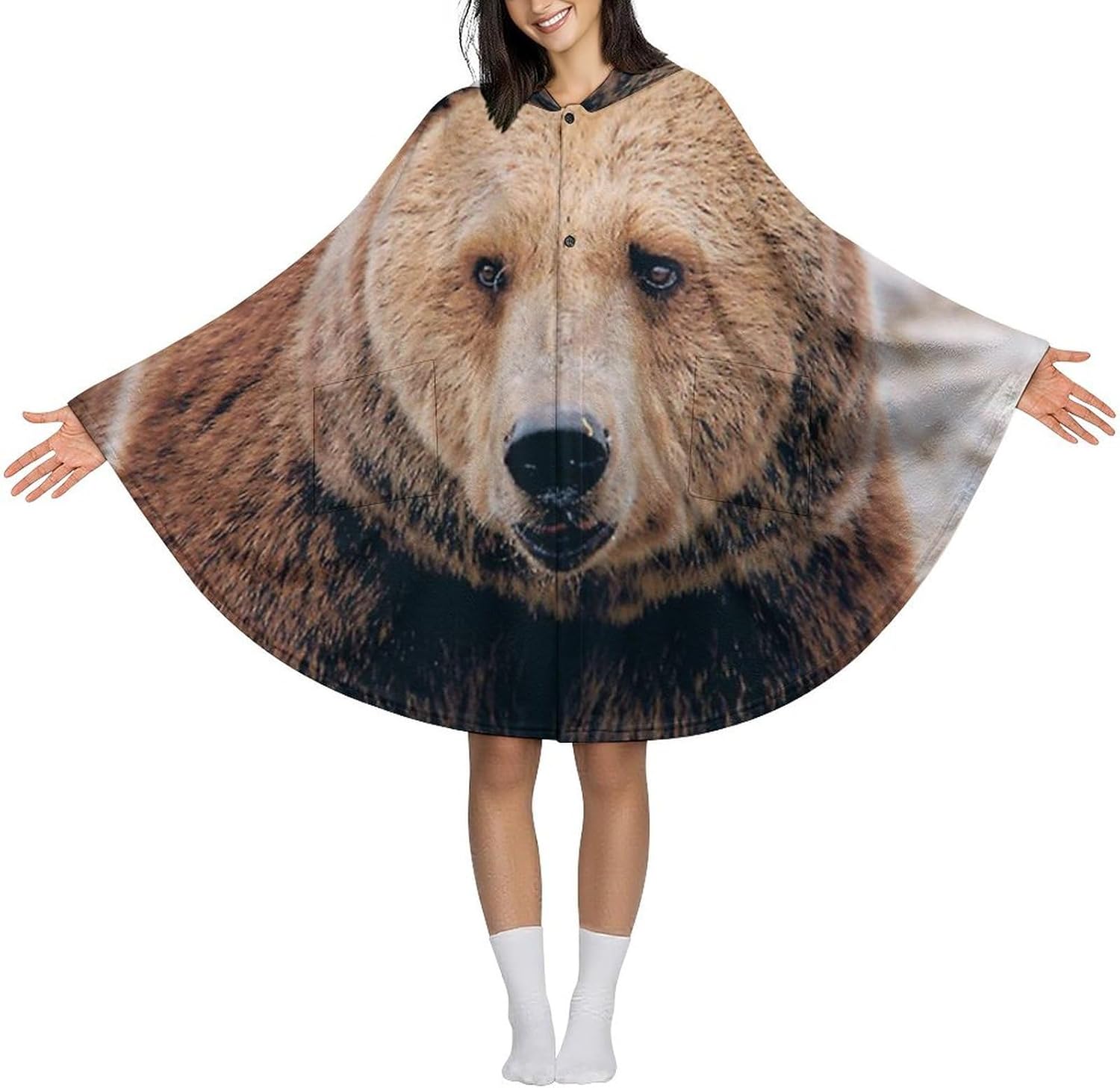Alberta Grizzly Bear Wearable Blanket with Hooded Flannel Blankets Cape with Pocket