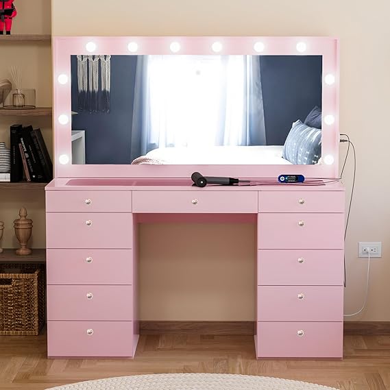 Boahaus Orla Extra-Large Makeup Vanity Desk with Hollywood Lights, 11 Drawers, Hair Dryer Hanger, USB Type-C & Type-A, Power Outlet for Beauty Tools, Glass Top, Crystal Knobs Premium Pink Finish