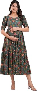 Women's Cotton V-Neck Puff Sleeves Floral Maternity Kurti with Hidden Side Zip for Casual Wear (Green) Price In India