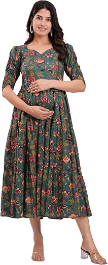 Women's Cotton V-Neck Puff Sleeves Floral Maternity Kurti with Hidden Side Zip for Casual Wear (Green)