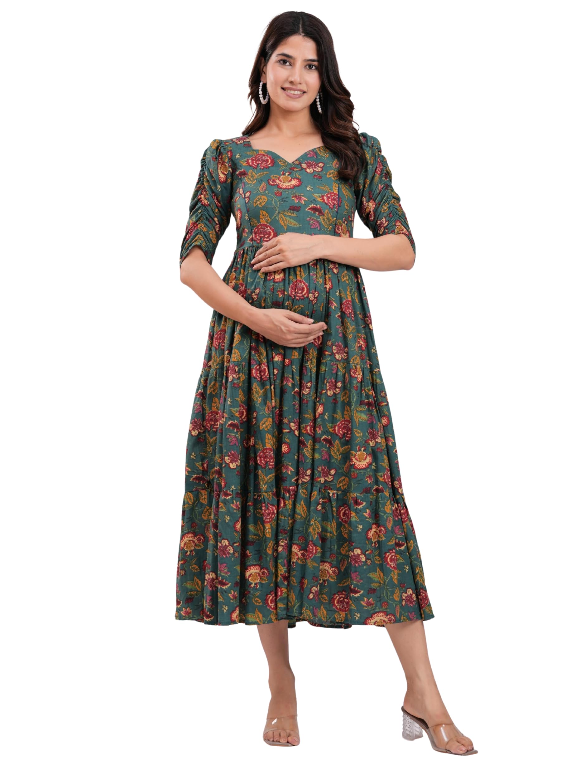 ssd textile Women’s Cotton V-Neck Puff Sleeves Floral Maternity Kurti with Hidden Side Zip for Casual Wear (Green)-picture-31