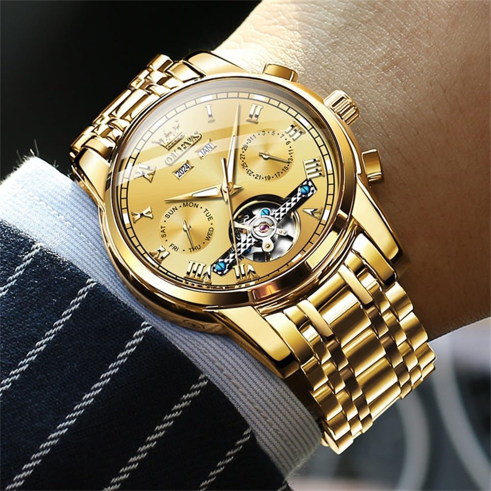 OLEVS Automatic Watch for Men Self Winding Mechanical Luxury Business Stainless Steel Multi Calendar Waterproof Luminous Wrist Watches